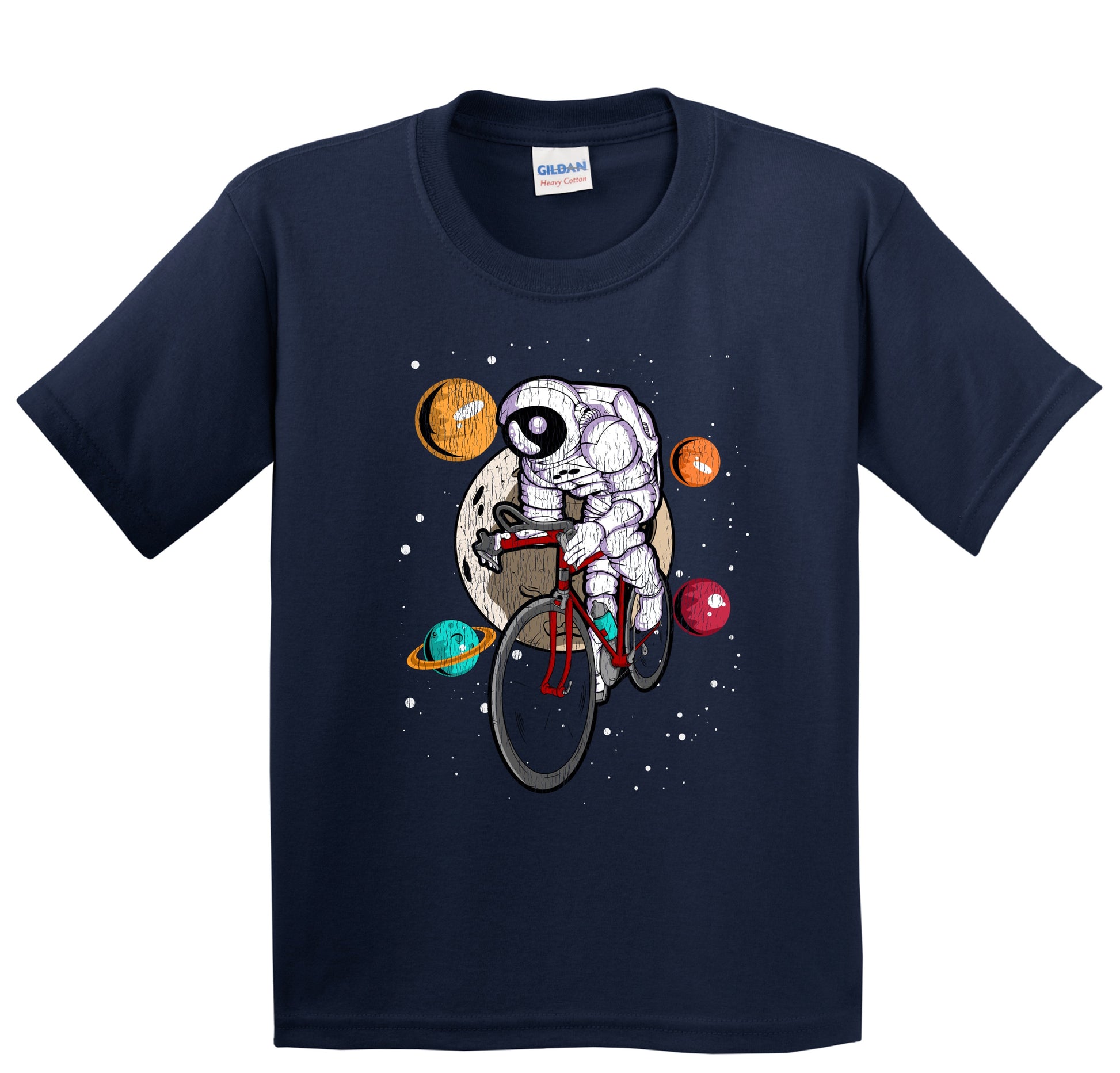 Cycling Astronaut Outer Space Spaceman Bike Distressed Youth T-Shirt