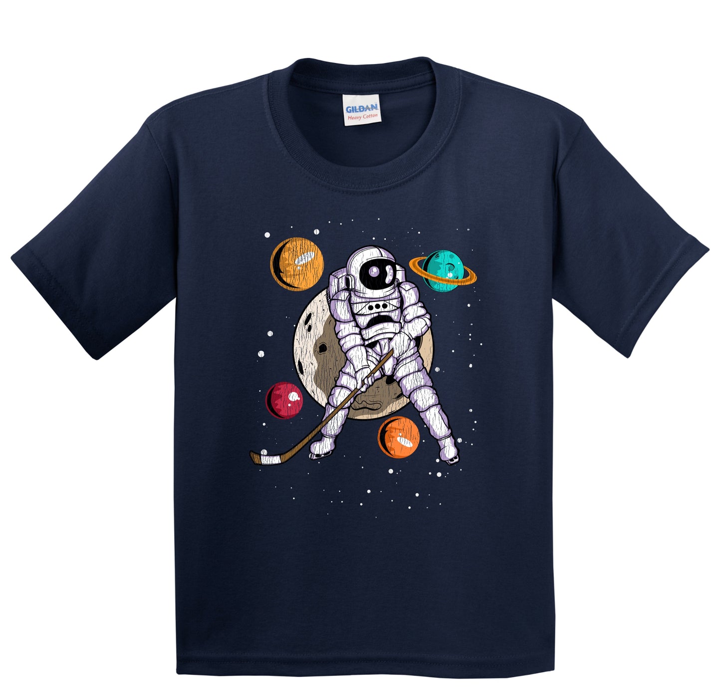 Hockey Astronaut Outer Space Spaceman Distressed Youth T-Shirt
