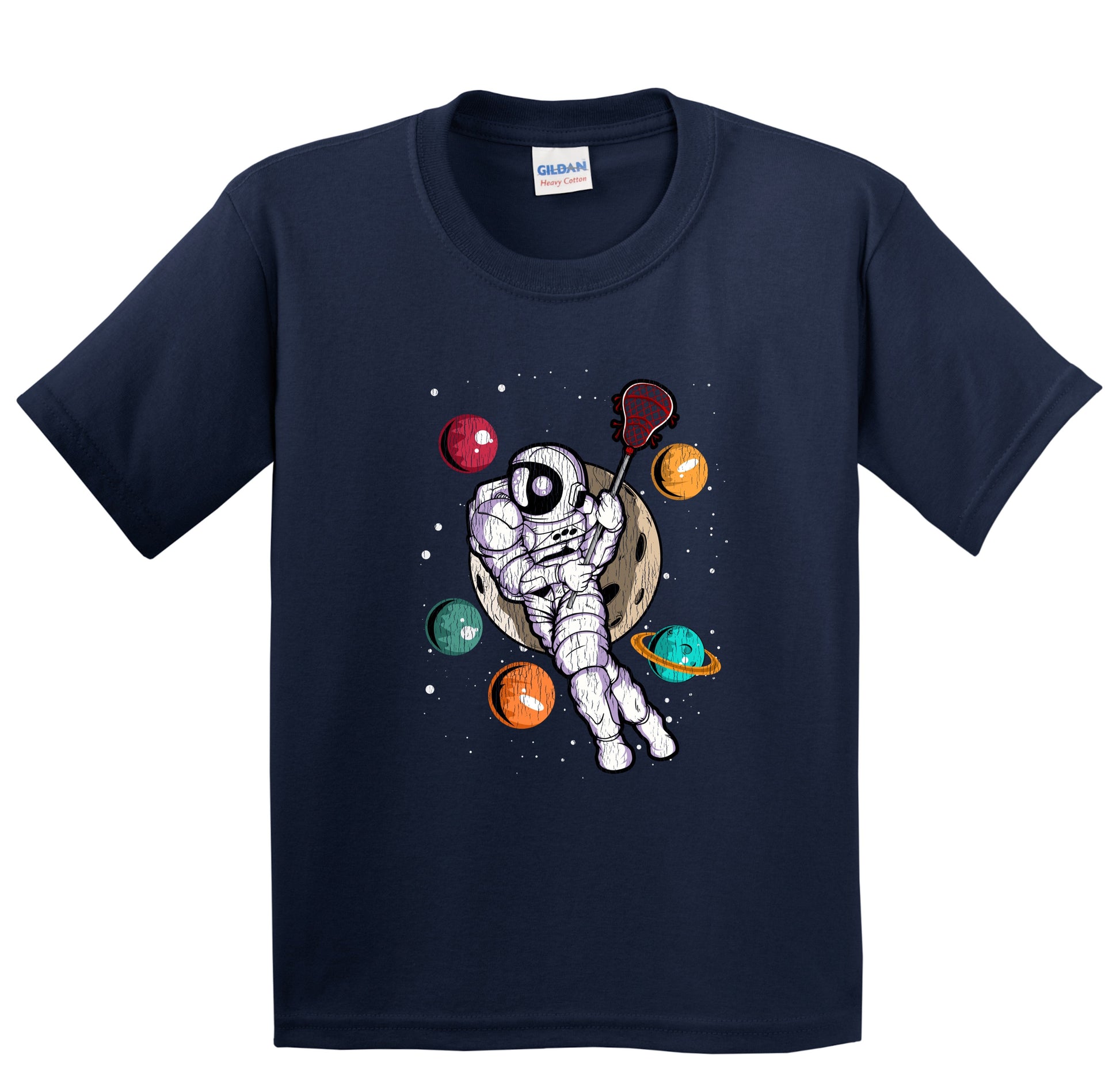 Lacrosse Astronaut Outer Space Spaceman Distressed Youth T-Shirt