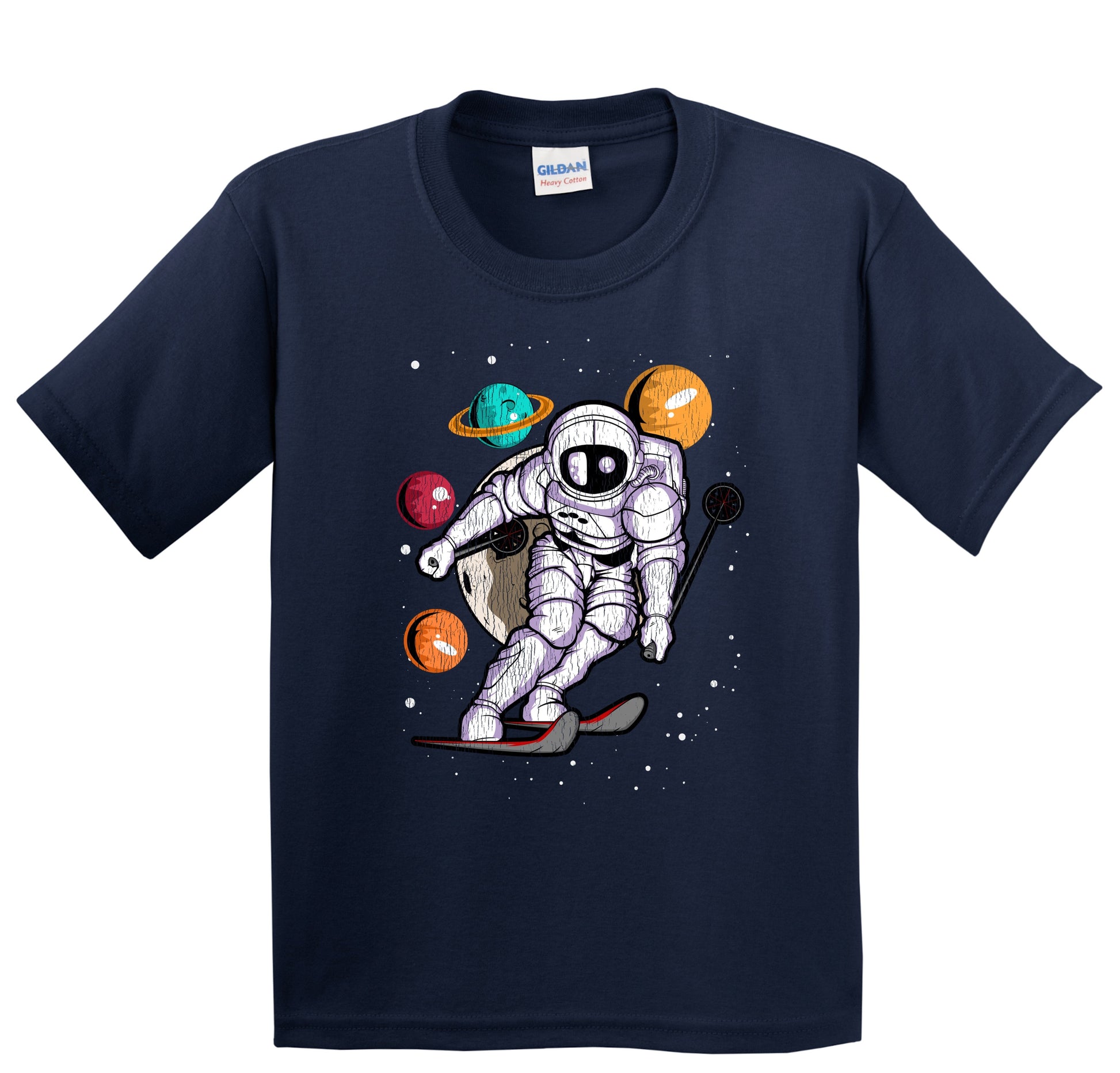 Skiing Astronaut Outer Space Spaceman Distressed Youth T-Shirt