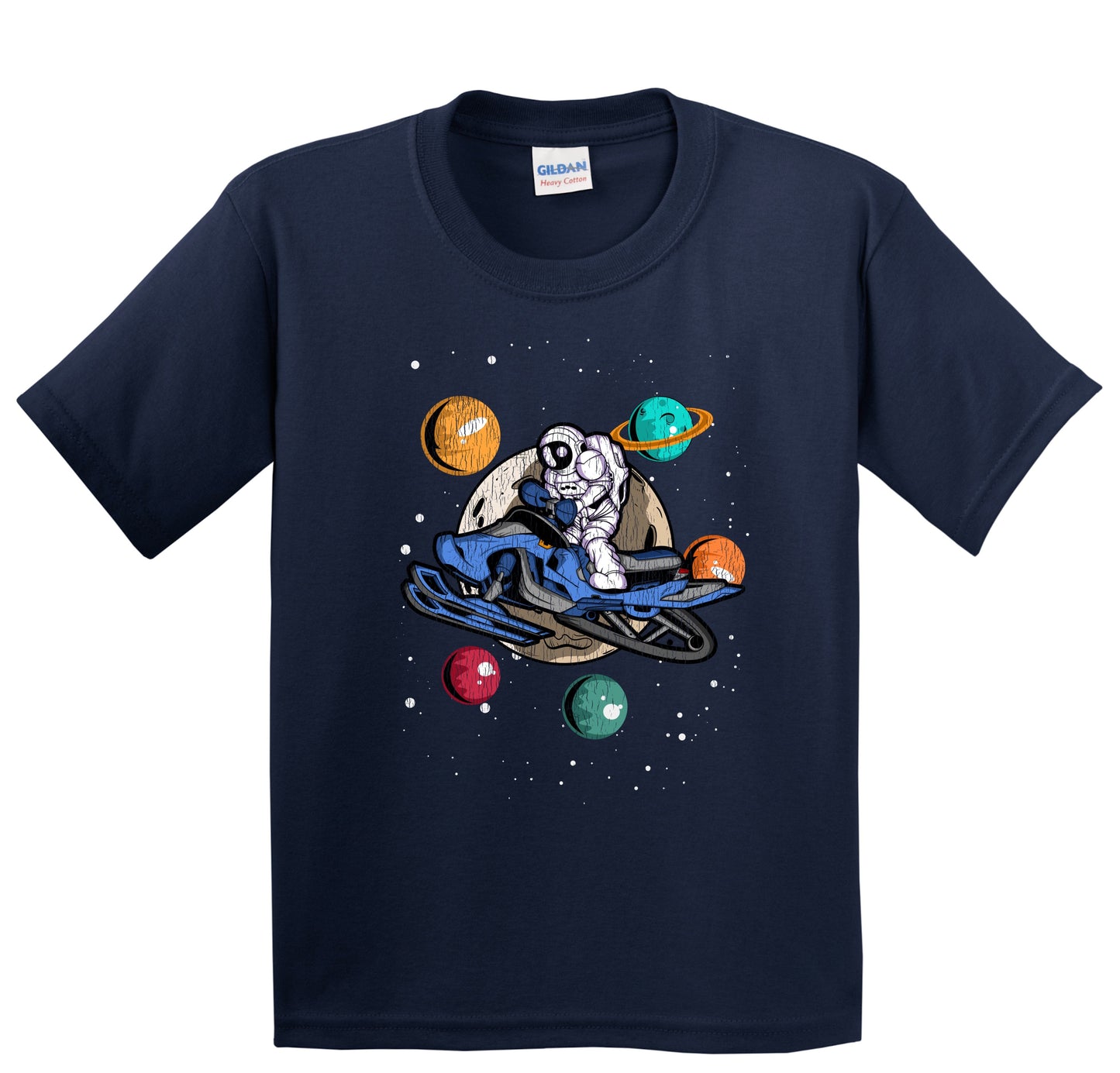 Snowmobiling Astronaut Outer Space Spaceman Snowmobile Distressed Youth T-Shirt
