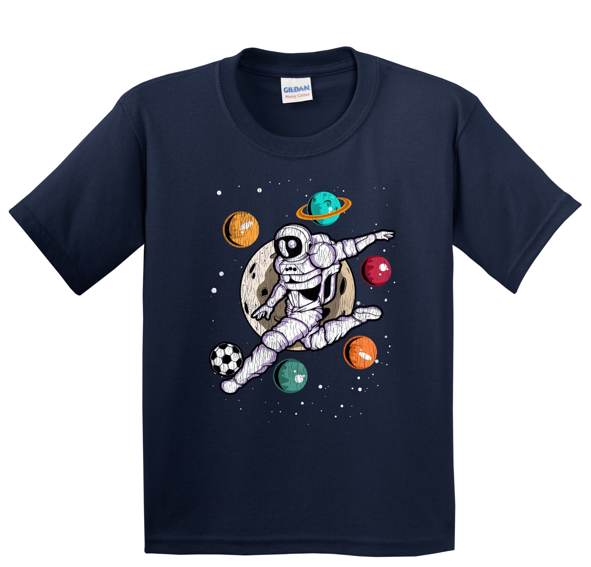 Soccer Astronaut Outer Space Spaceman Distressed Youth T-Shirt