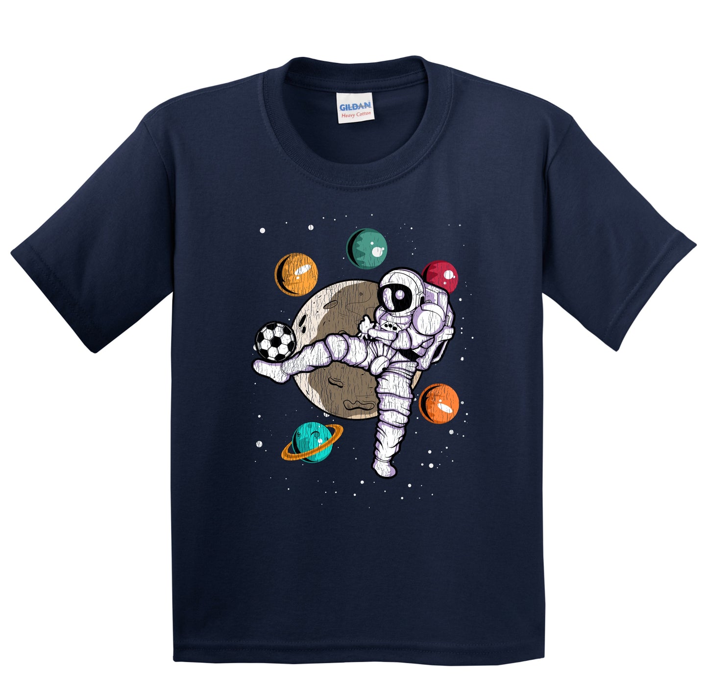 Soccer Astronaut Outer Space Spaceman Distressed Youth T-Shirt