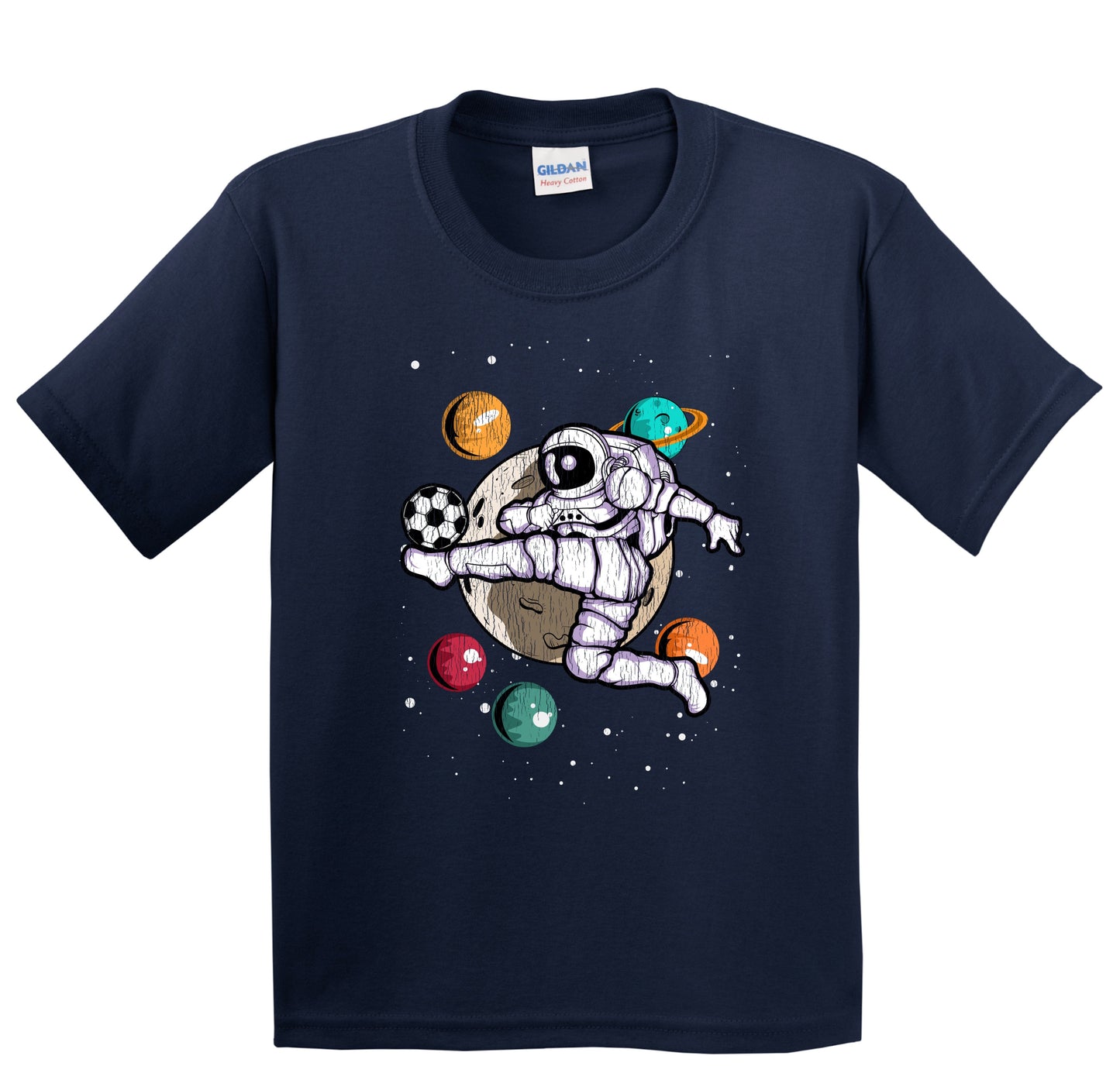 Soccer Astronaut Outer Space Spaceman Distressed Youth T-Shirt