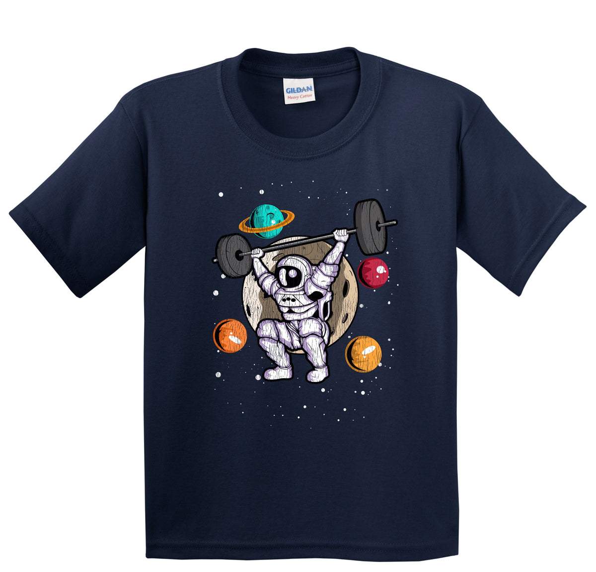 Weightlifting Astronaut Outer Space Spaceman Gym Fitness Distressed Youth T-Shirt