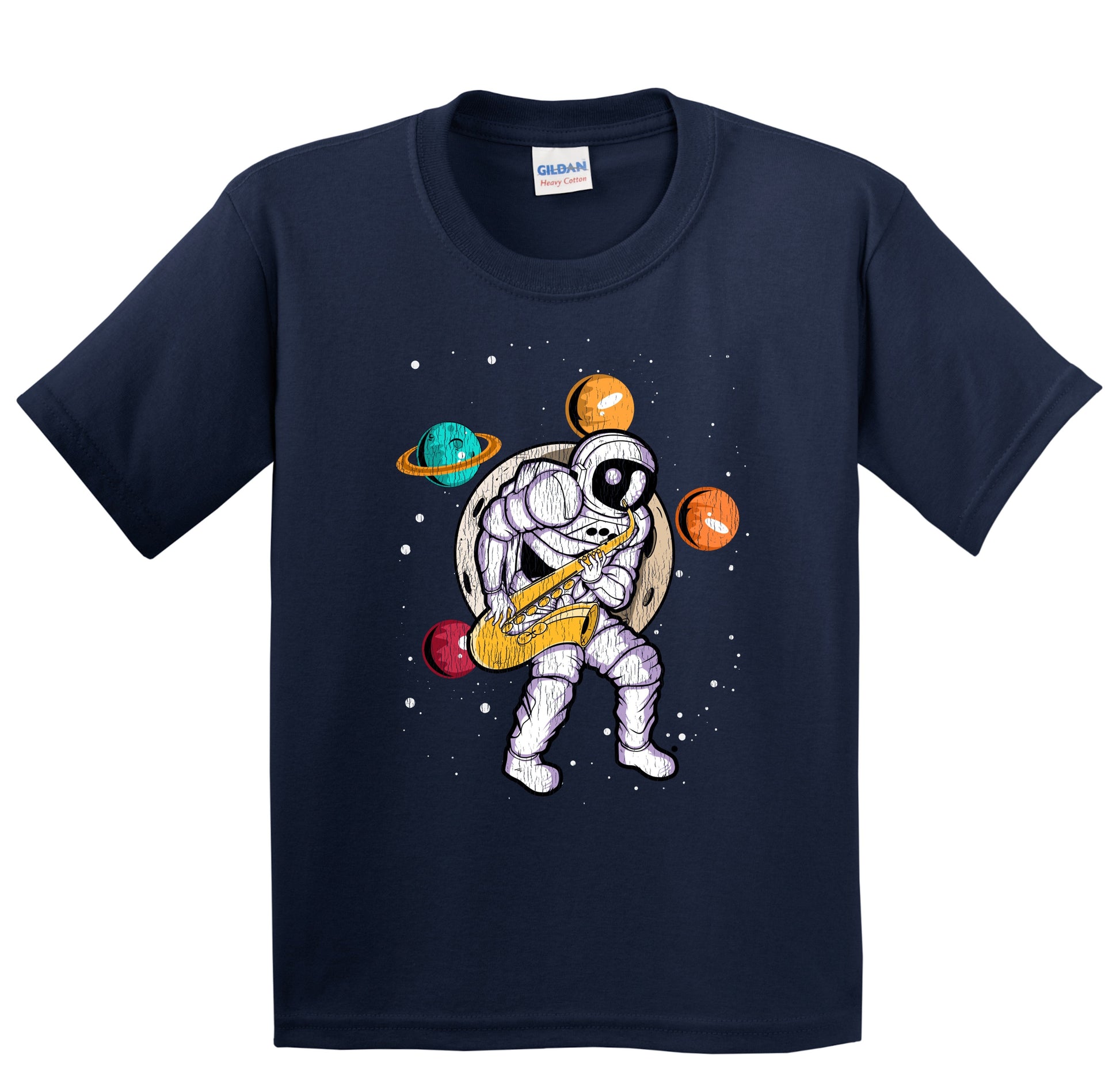 Sax Player Astronaut Outer Space Spaceman Saxophone Distressed Youth T-Shirt