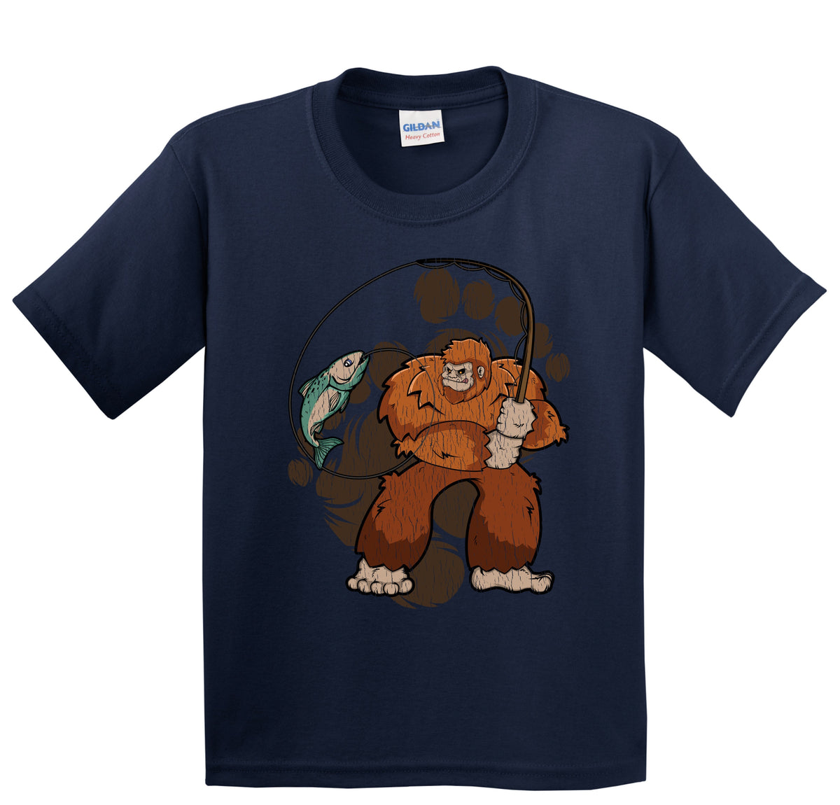 Kids Bigfoot Fishing Shirt - Sasquatch Catching a Fish Youth T-Shirt