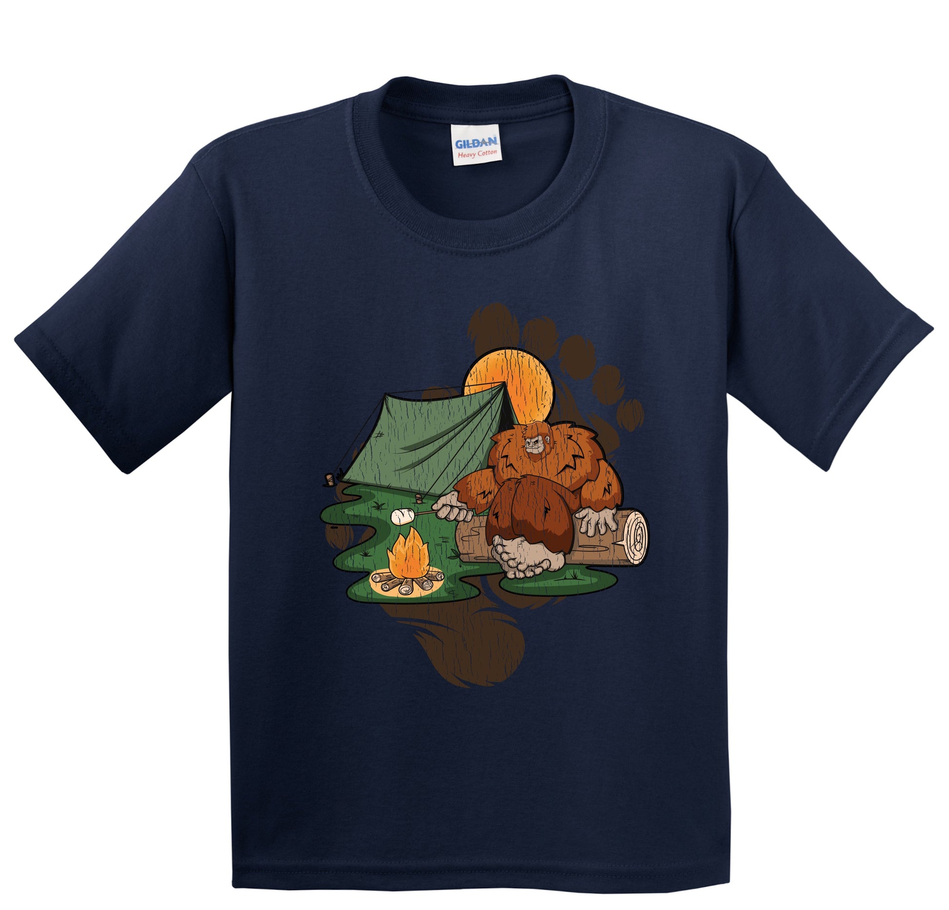 Kids Bigfoot Camping Shirt - Sasquatch Roasting Marshmallows Youth T-Shirt