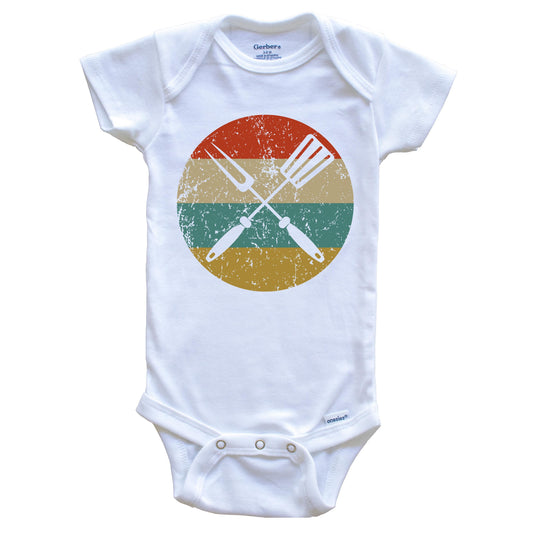 Spatula And Fork Vintage Retro Style BBQ Cookout Circle Icon Baby Onesie