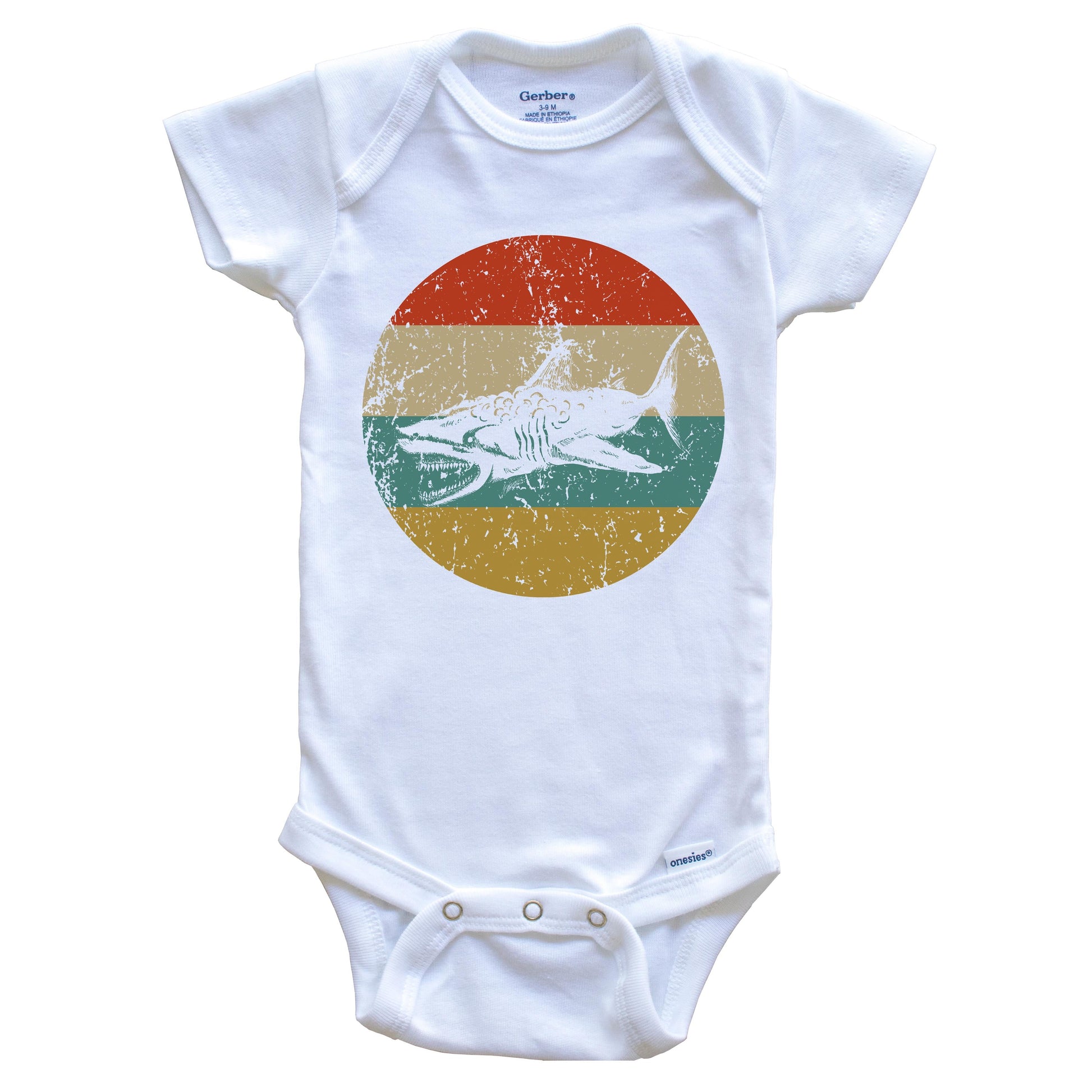 Great White Shark Vintage Retro Style Megalodon Circle Icon Baby Onesie