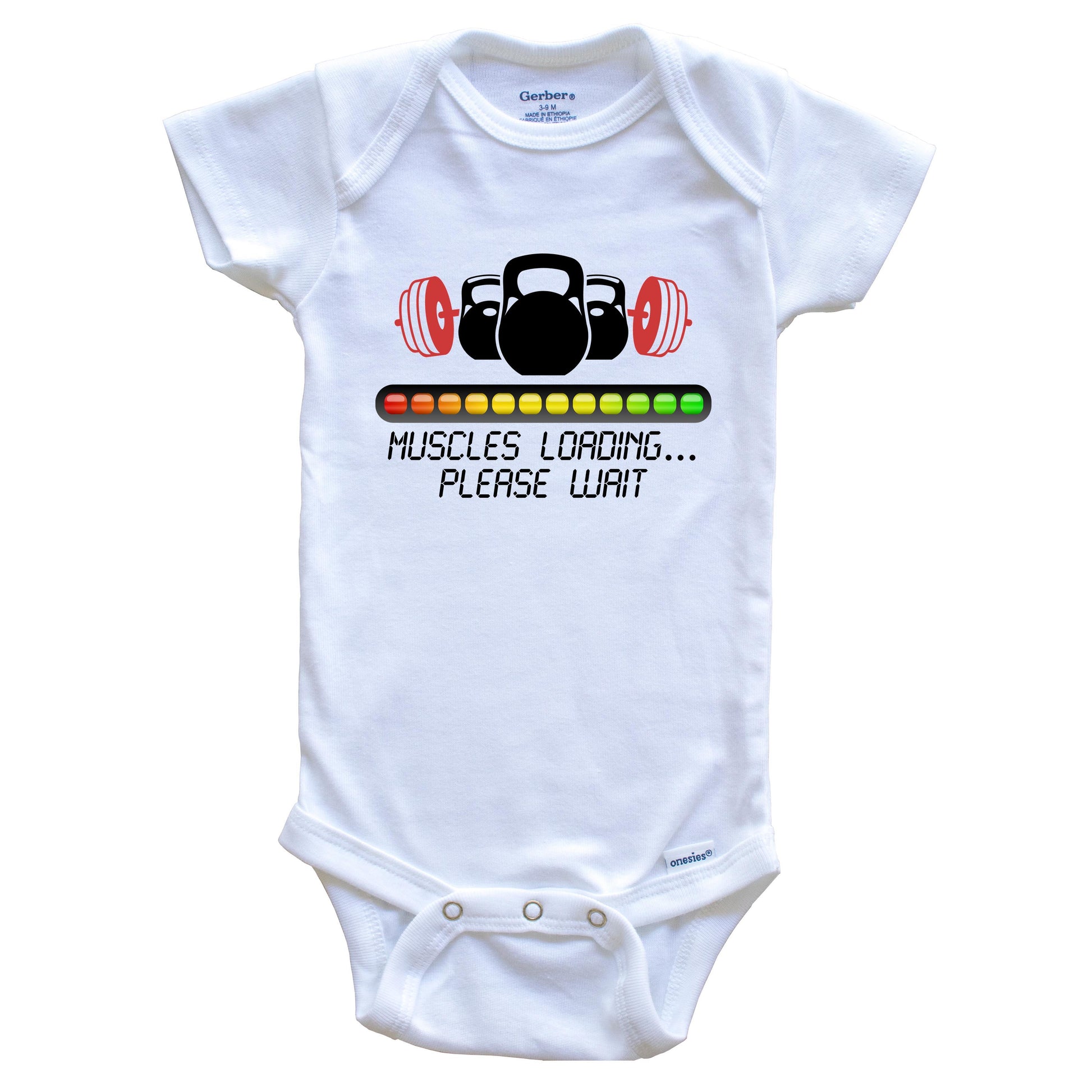 Muscles Loading Please Wait Funny Weightlifting Baby Onesie