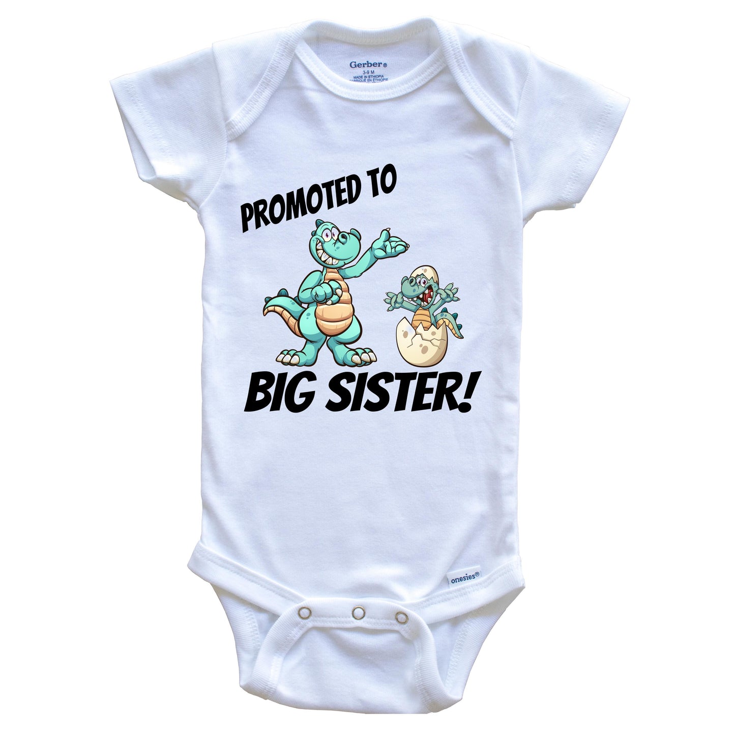 Promoted To Big Sister New Baby Announcement Dinosaur Onesie - One Piece Baby Bodysuit