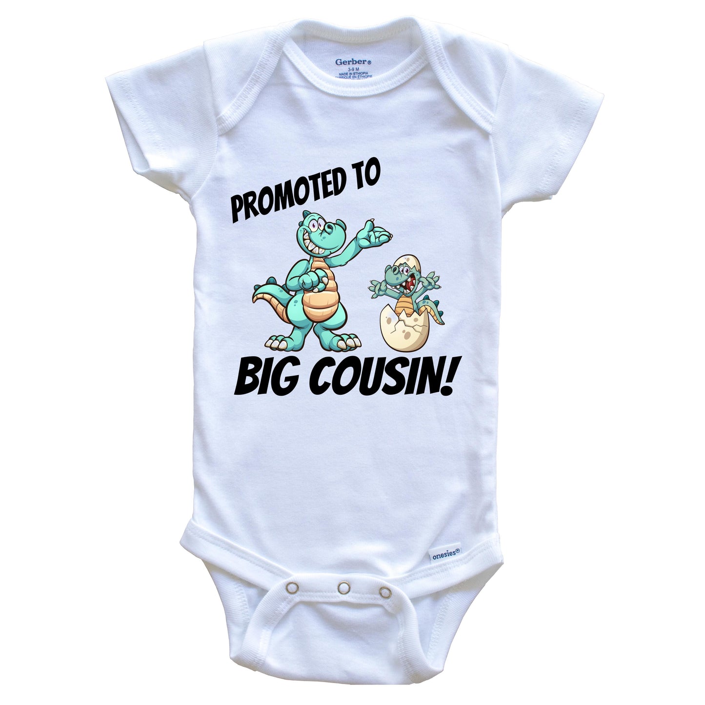Promoted To Big Cousin New Baby Announcement Dinosaur Onesie - One Piece Baby Bodysuit