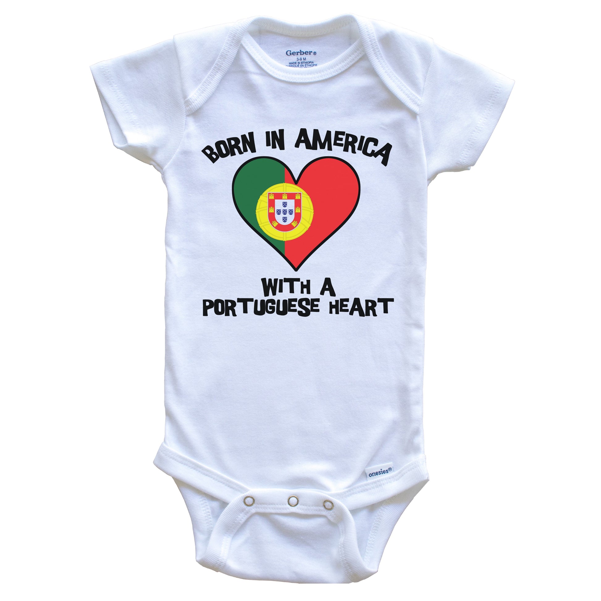 Born In America With A Portuguese Heart Baby Onesie Portugal Flag Baby Bodysuit