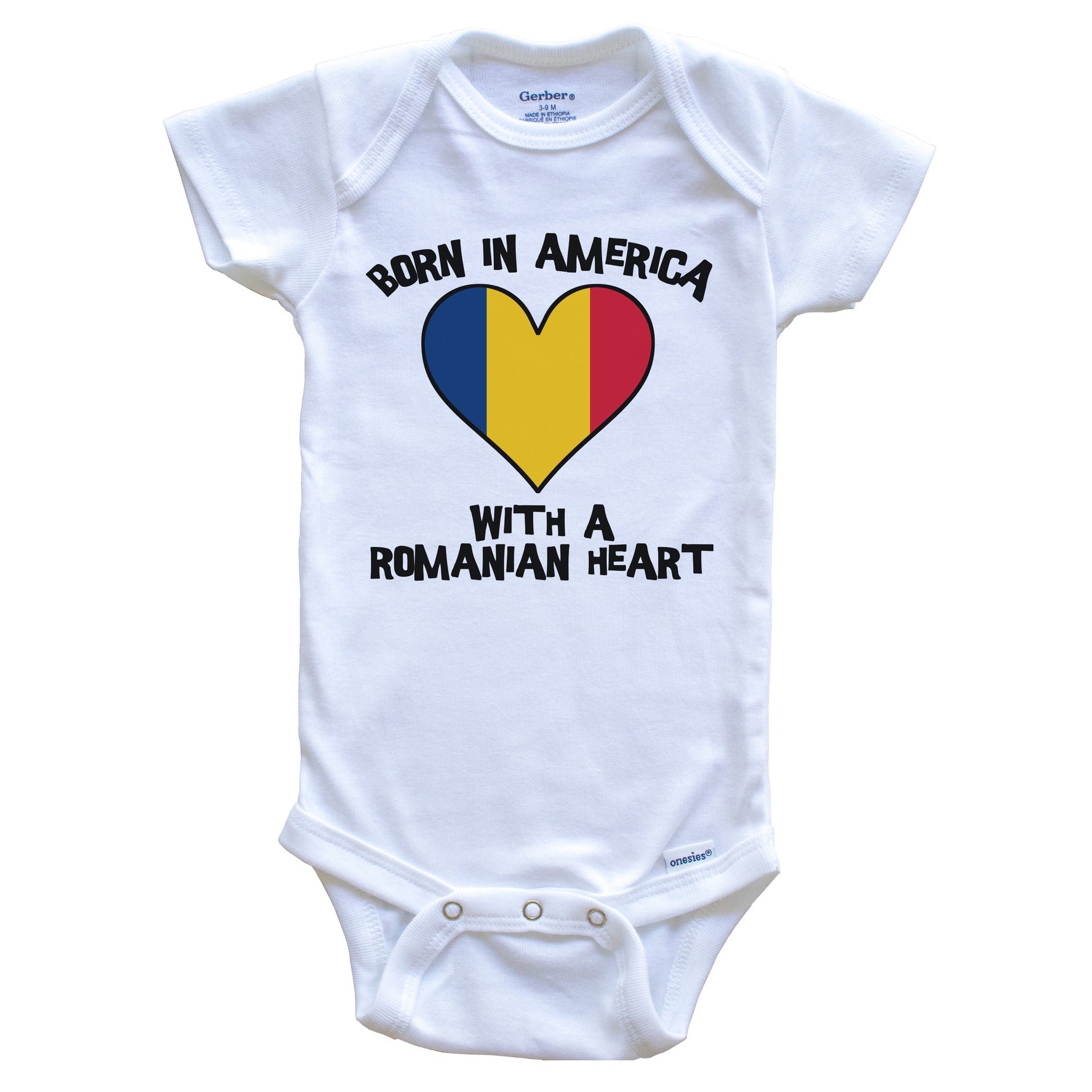 Born In America With A Romanian Heart Baby Onesie Romania Flag Baby Bodysuit