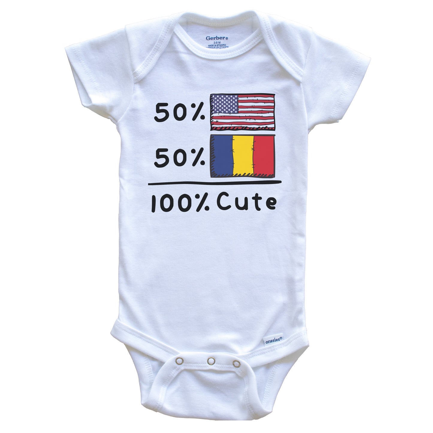 50% American 50% Romanian 100% Cute Romania USA Flags Baby Onesie