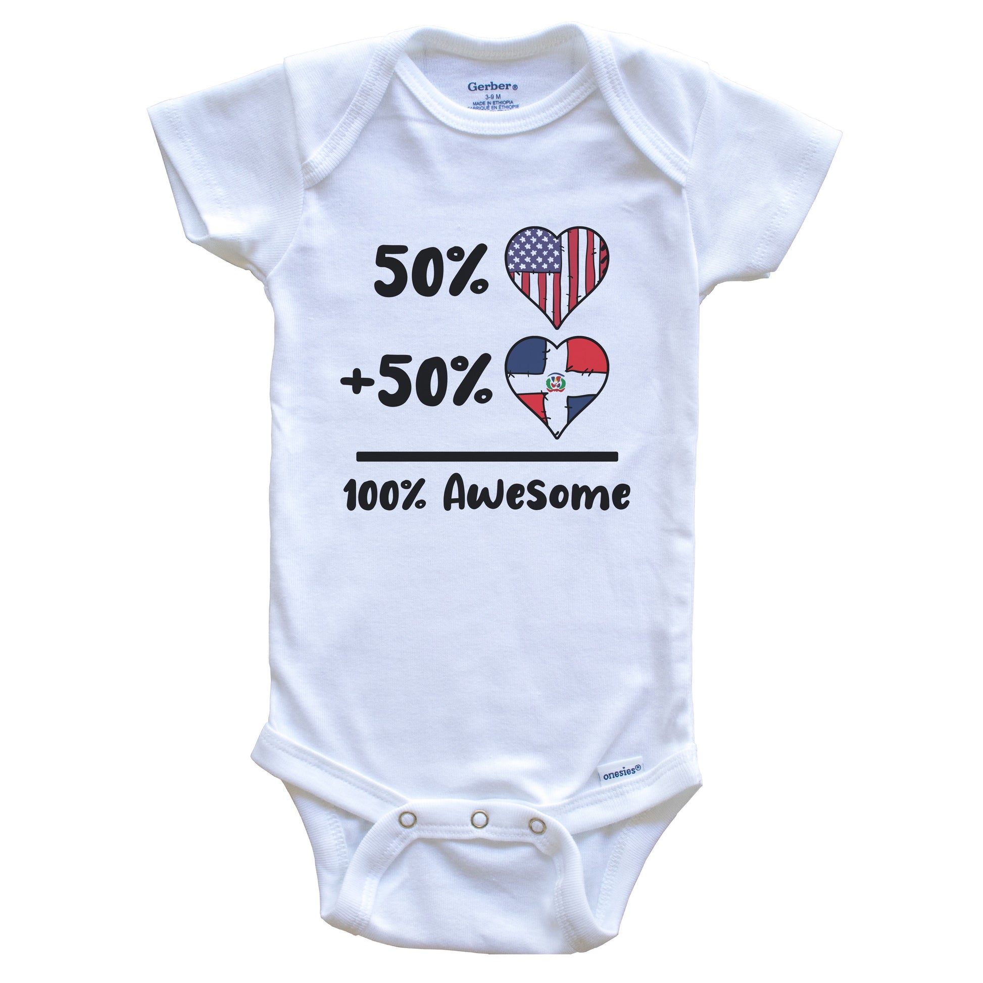 50% American 50% Dominican 100% Awesome Dominican Republic Heart Flag Baby Onesie