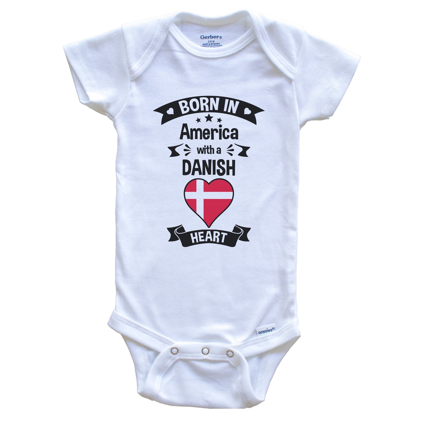 Born In America With A Danish Heart Baby Onesie