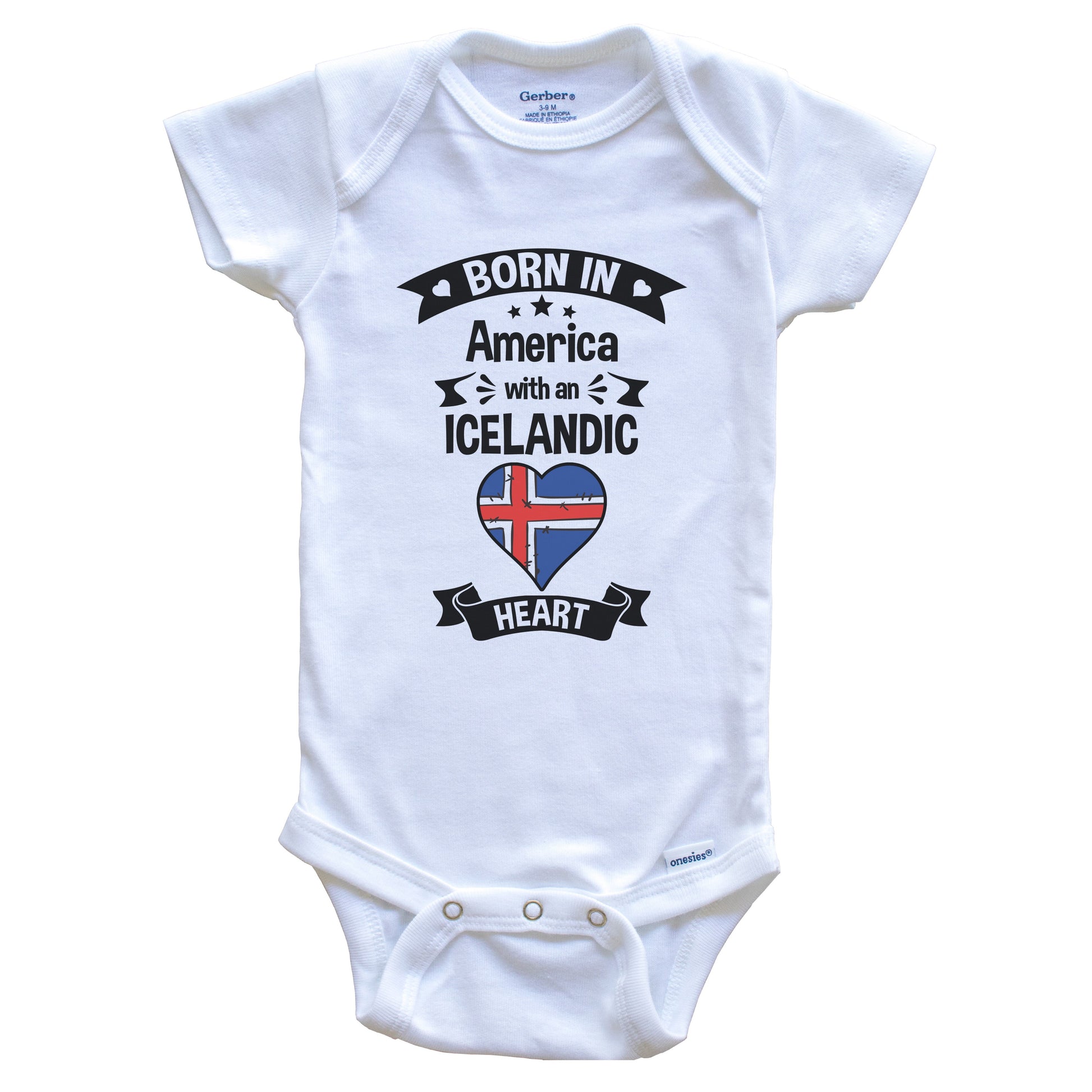 Born In America With An Icelandic Heart Baby Onesie