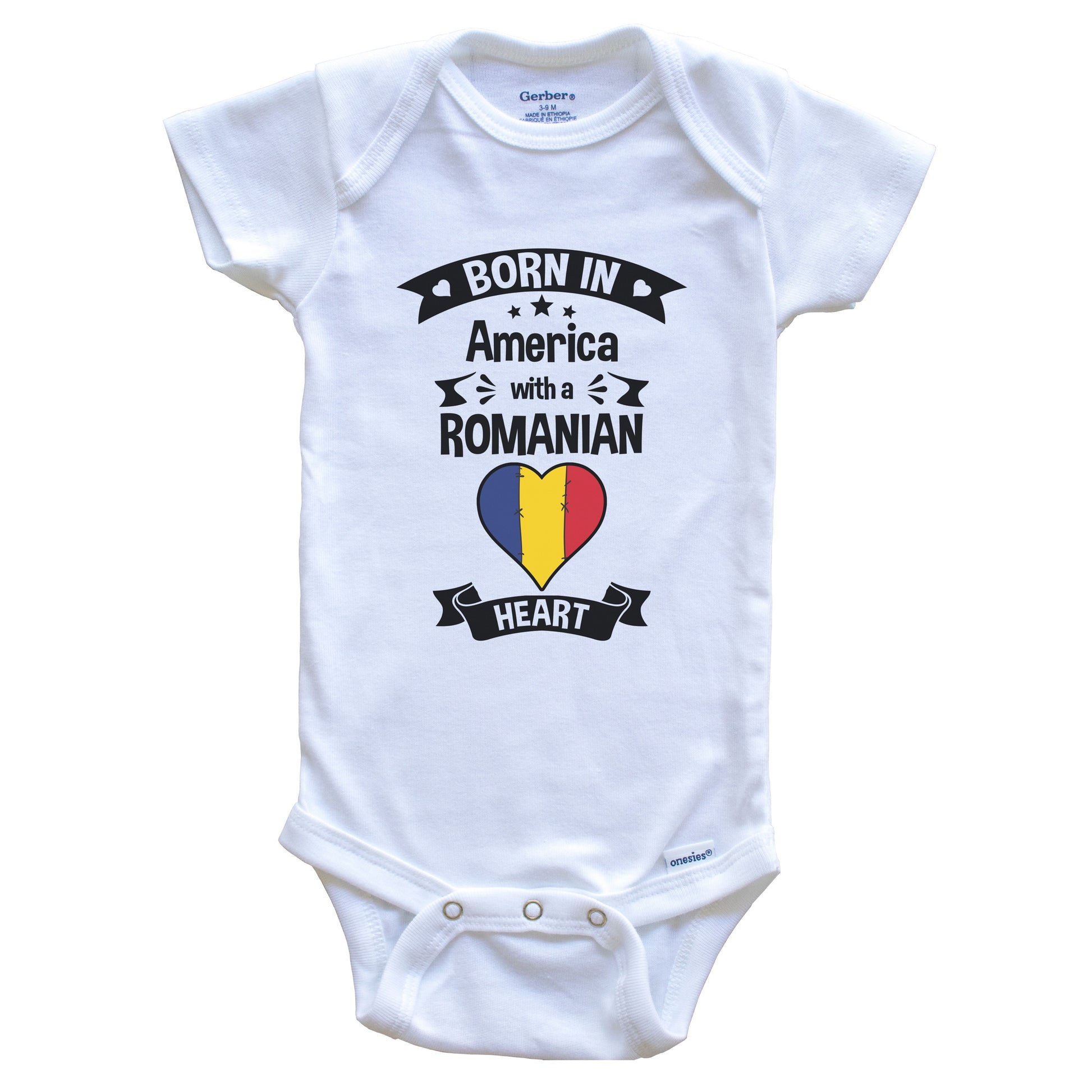 Born In America With A Romanian Heart Baby Onesie