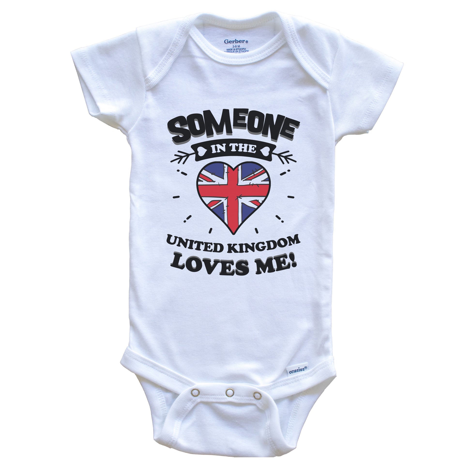 Someone In the United Kingdom Loves Me British Flag Heart Baby Onesie