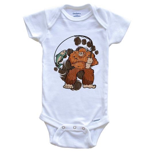 Bigfoot Fishing Baby Bodysuit - Sasquatch Catching a Fish One Piece Baby Bodysuit