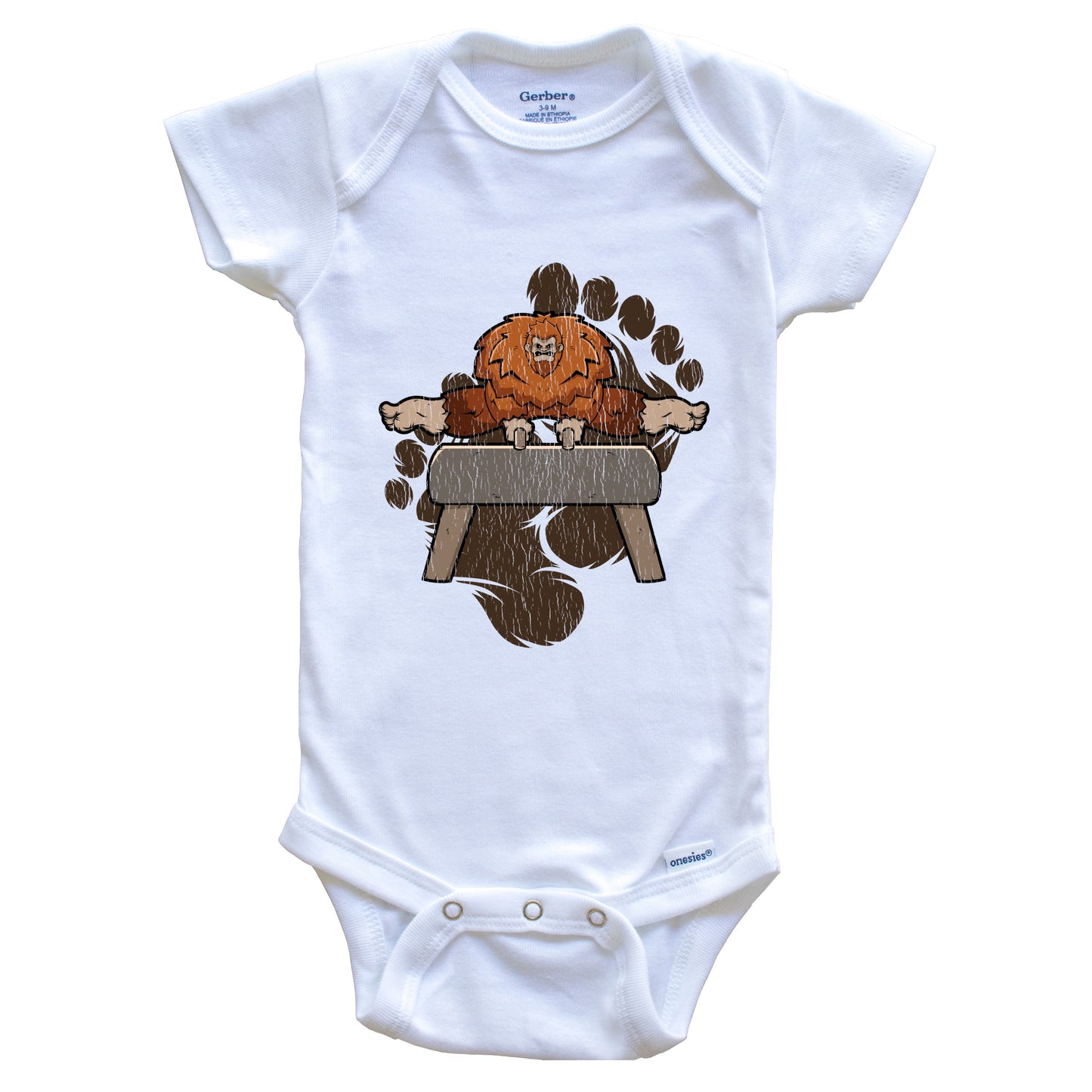 Bigfoot Gymnastics Baby Bodysuit - Sasquatch on Pommel Horse One Piece Baby Bodysuit