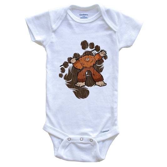 Bigfoot Javelin Throw Baby Bodysuit - Sasquatch Throwing Javelin One Piece Baby Bodysuit