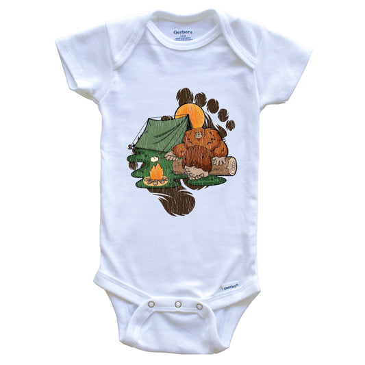 Bigfoot Camping Baby Bodysuit - Sasquatch Roasting Marshmallows One Piece Baby Bodysuit