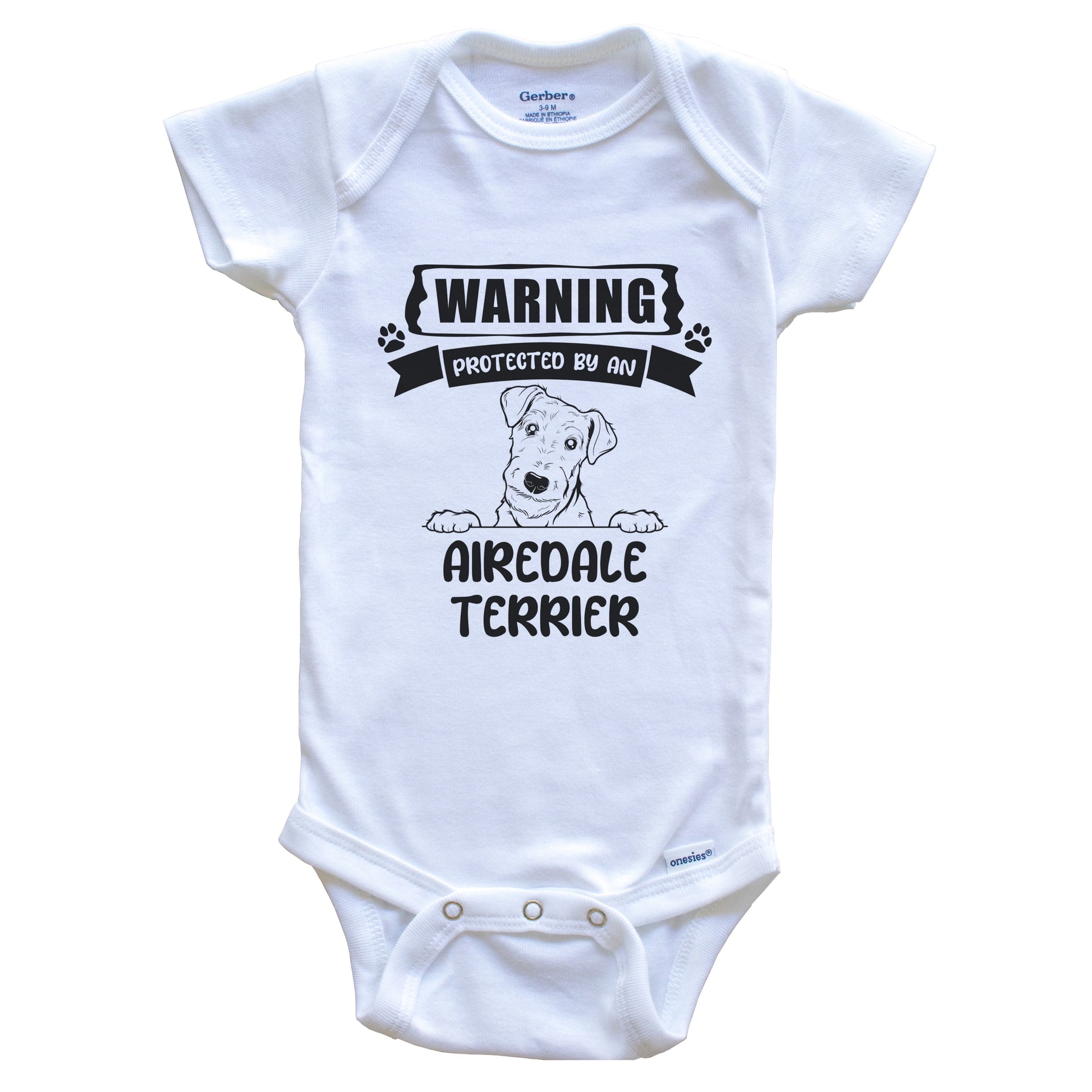 Warning Protected By An Airedale Terrier Funny Cute Dog Breed Baby Bodysuit