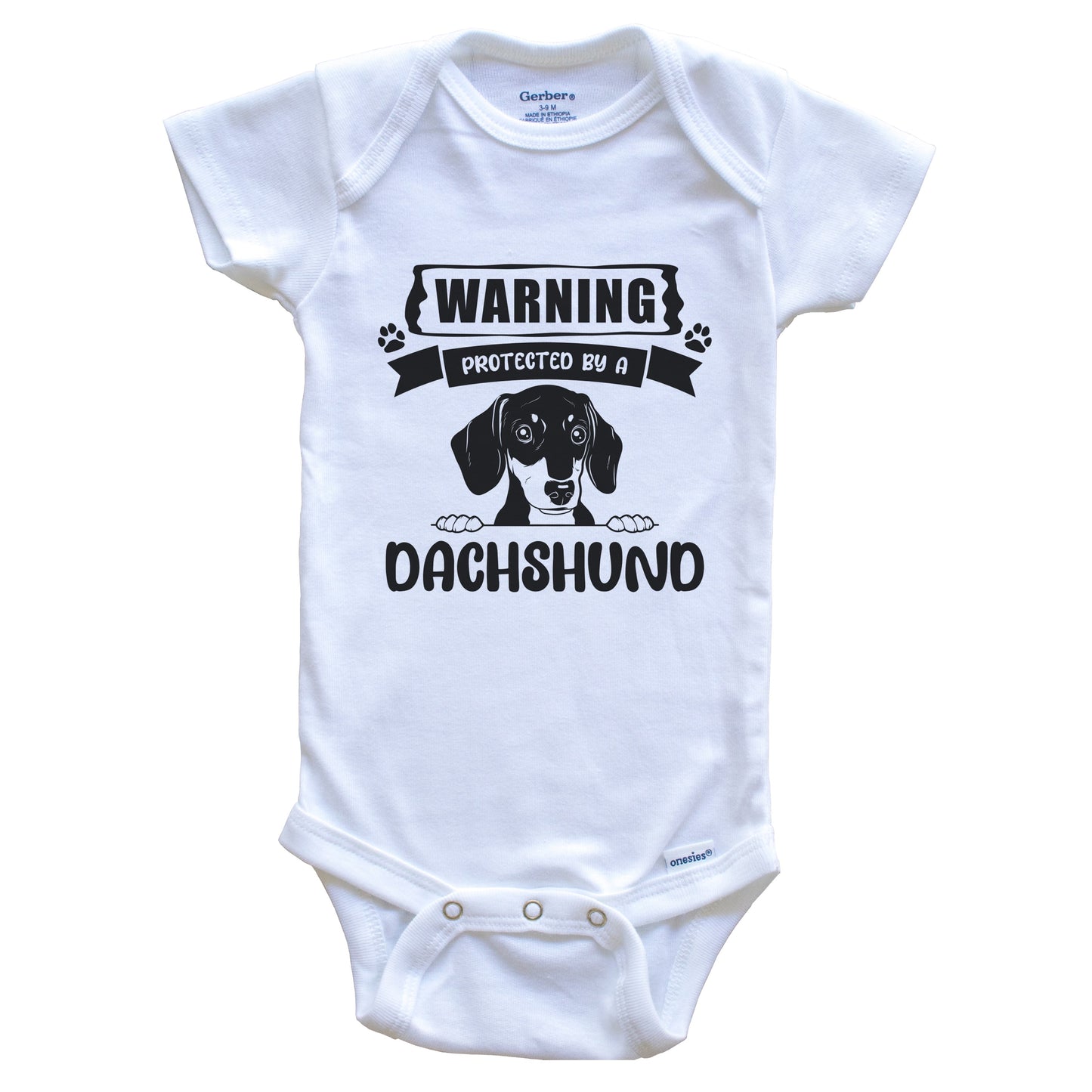 Warning Protected By A Dachshund Funny Cute Dog Breed Baby Bodysuit