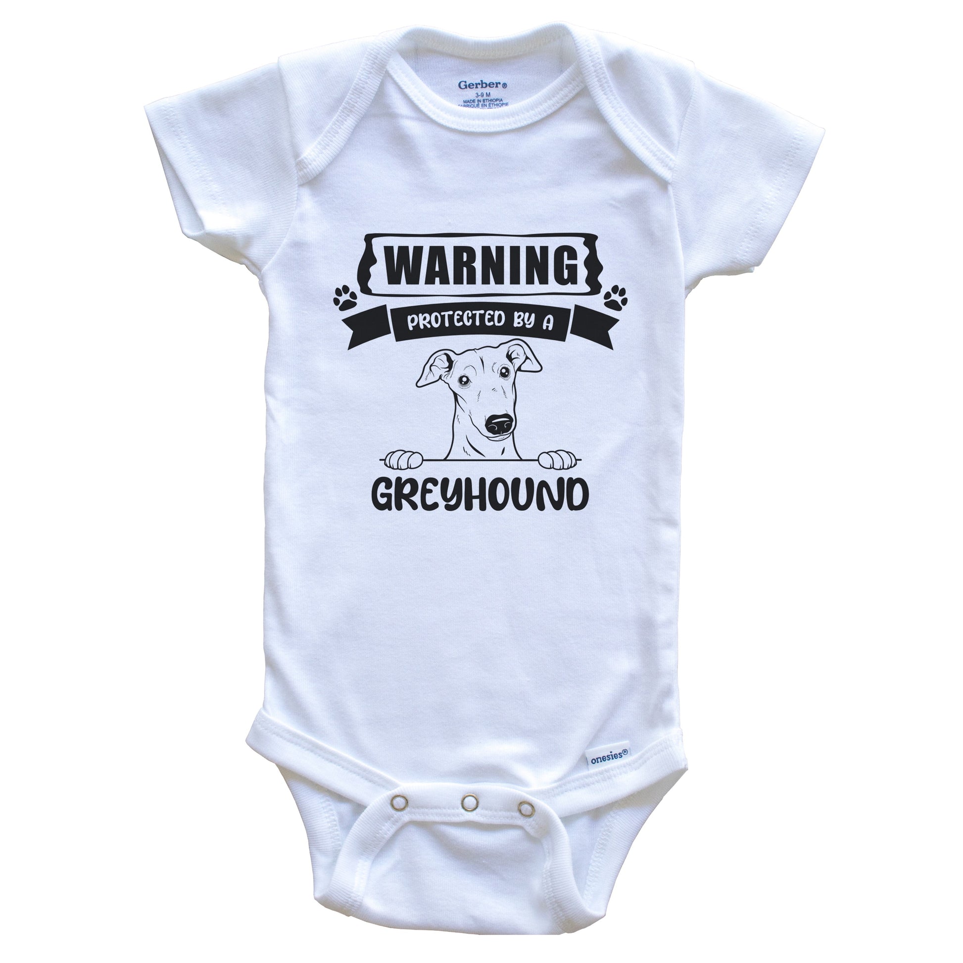 Warning Protected By A Greyhound Funny Cute Dog Breed Baby Bodysuit