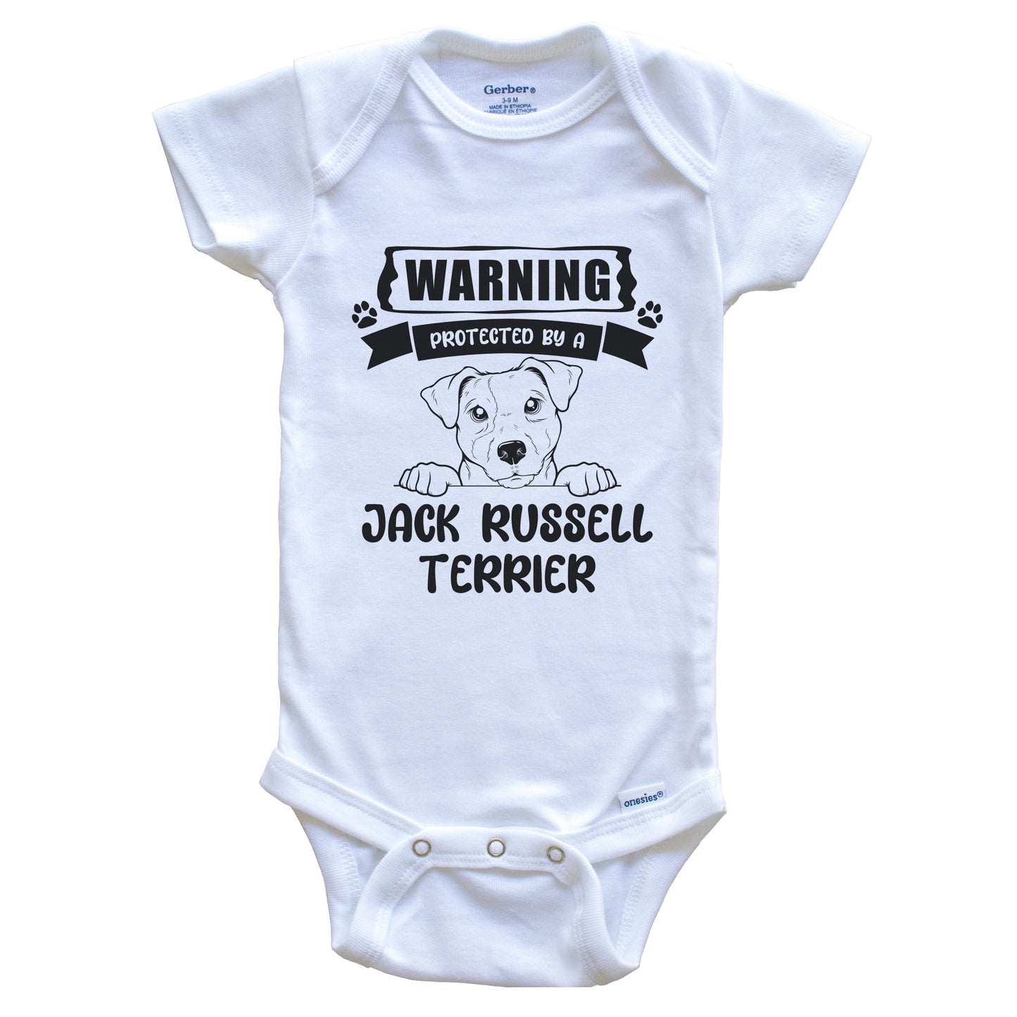 Warning Protected By A Jack Russell Terrier Funny Cute Dog Breed Baby Bodysuit