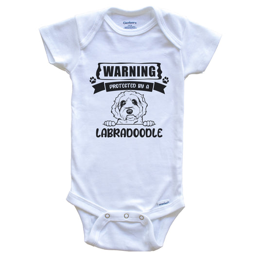 Warning Protected By A Labradoodle Funny Cute Dog Breed Baby Bodysuit