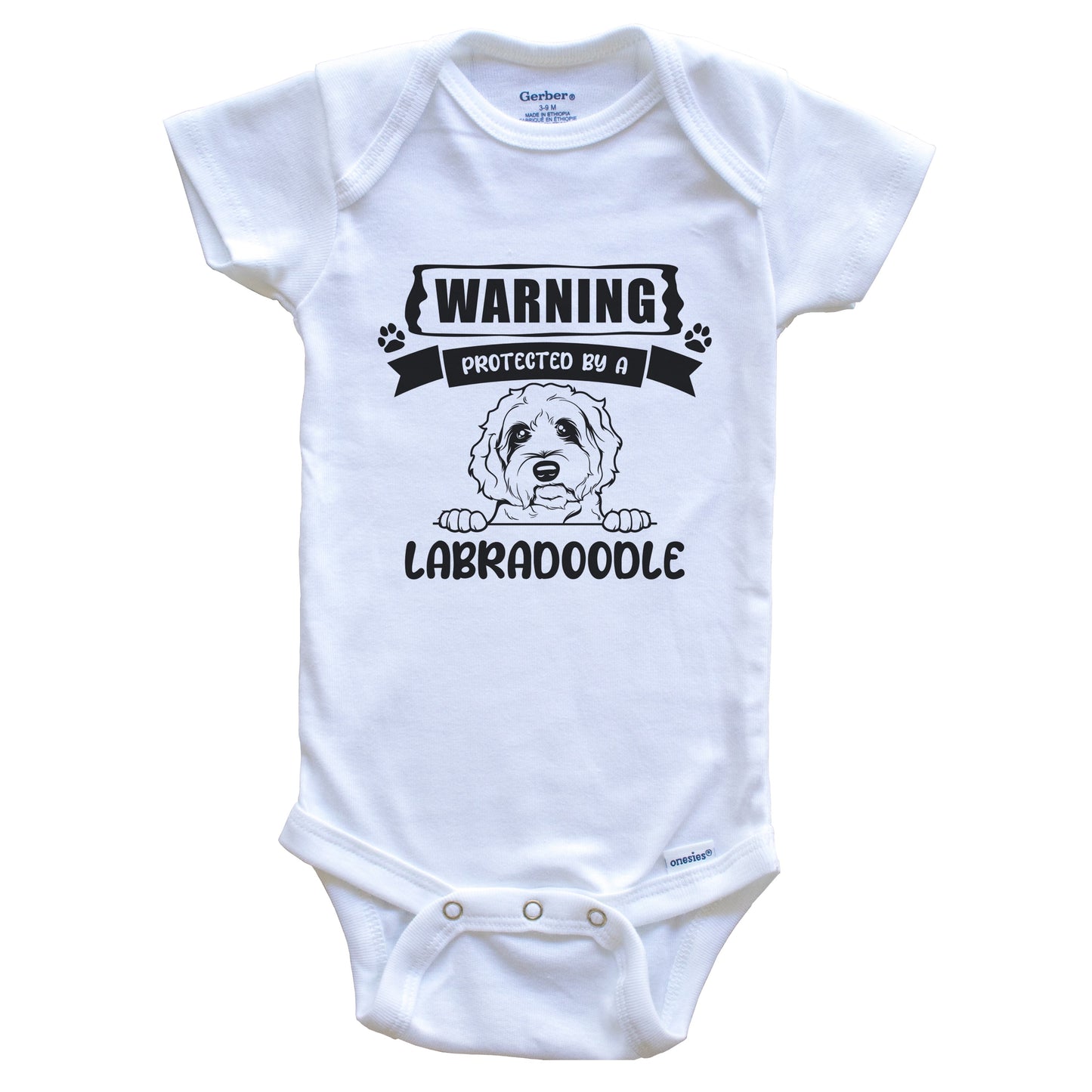 Warning Protected By A Labradoodle Funny Cute Dog Breed Baby Bodysuit