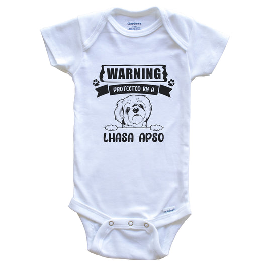 Warning Protected By A Lhasa Apso Funny Cute Dog Breed Baby Bodysuit