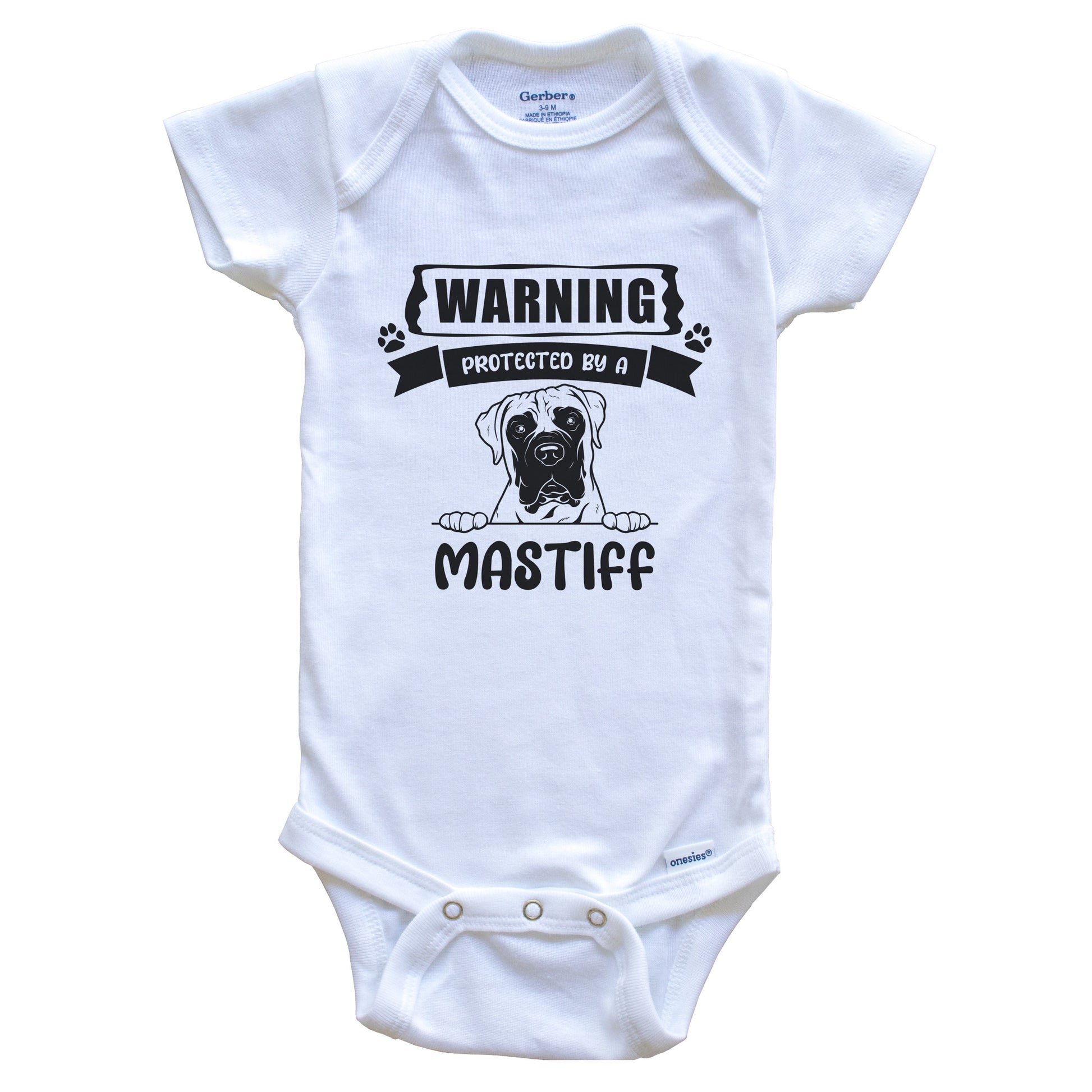 Warning Protected By A Mastiff Funny Cute Dog Breed Baby Bodysuit