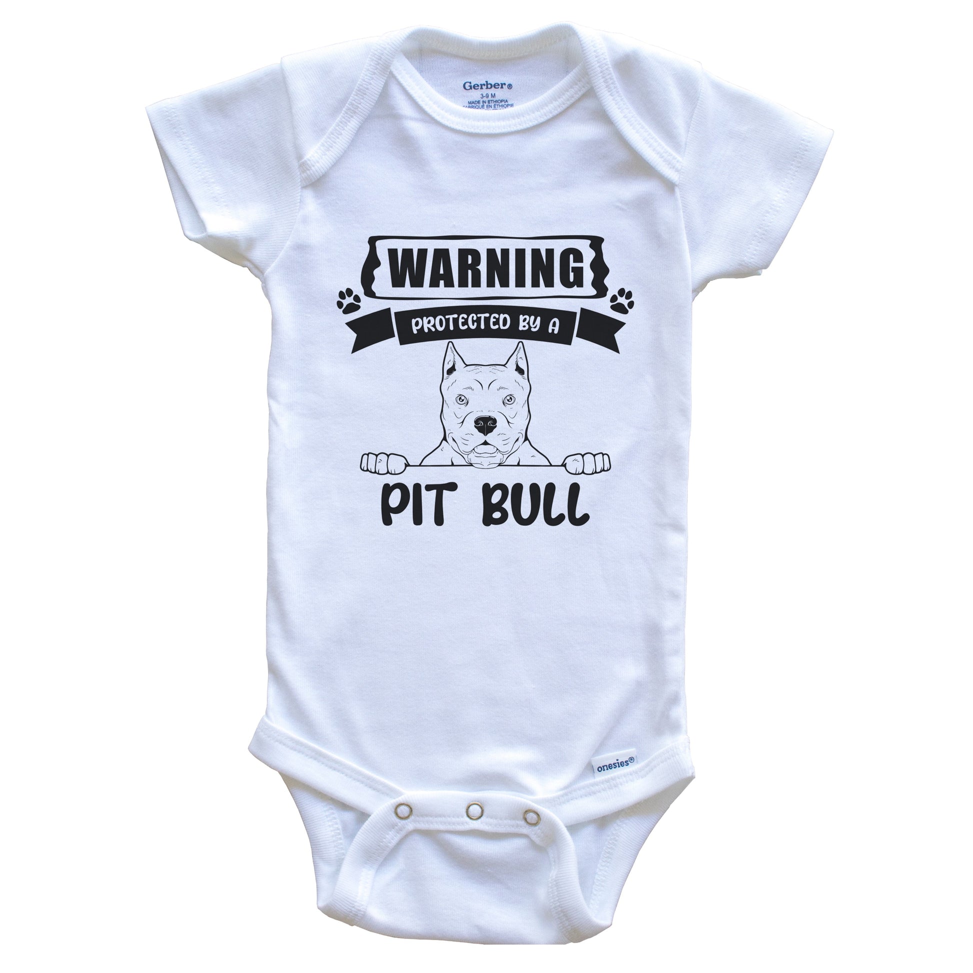 Warning Protected By A Pit Bull Funny Cute Dog Breed Baby Bodysuit