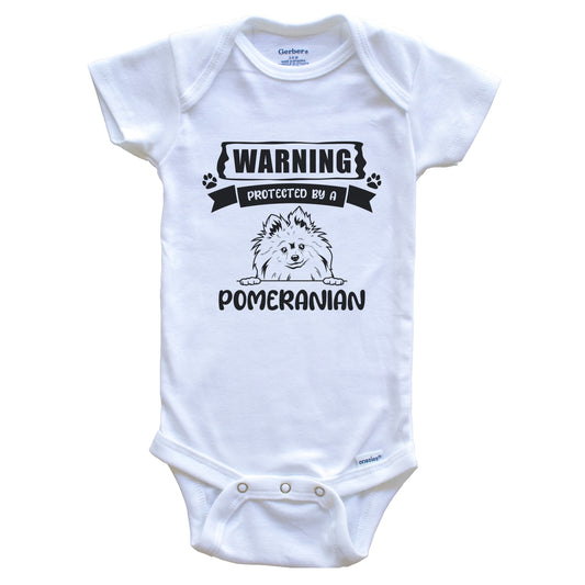 Warning Protected By A Pomeranian Funny Cute Dog Breed Baby Bodysuit
