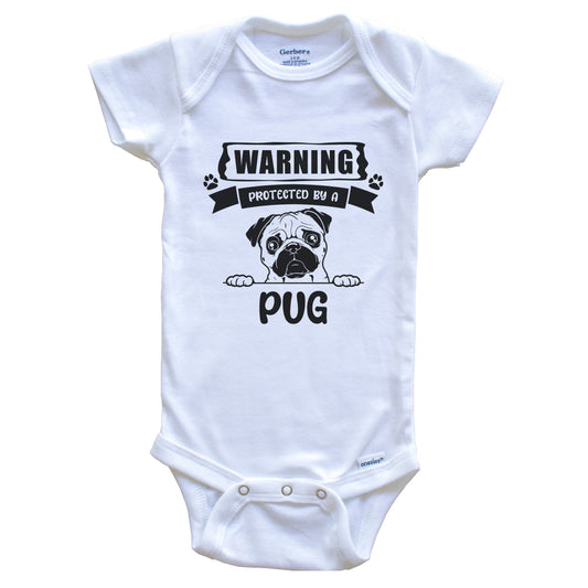 Warning Protected By A Pug Funny Cute Dog Breed Baby Bodysuit
