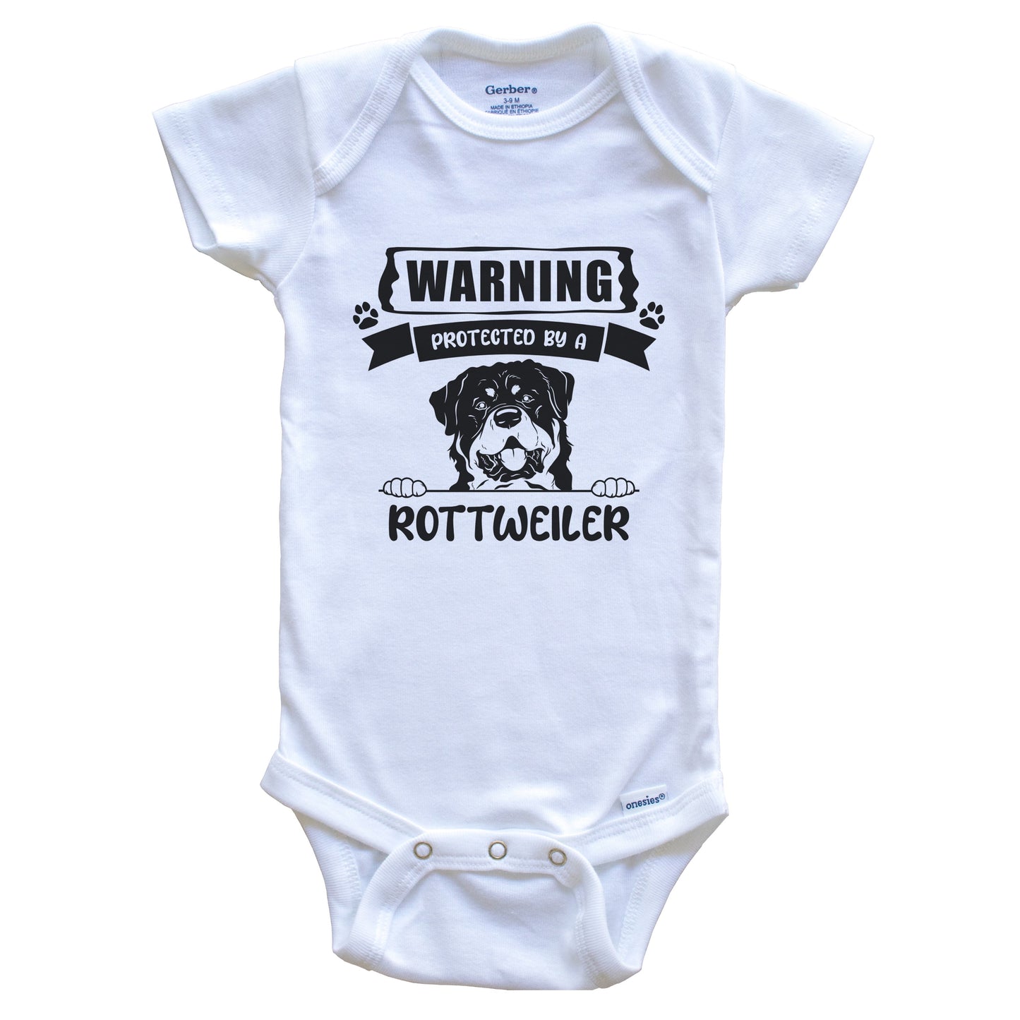 Warning Protected By A Rottweiler Funny Cute Dog Breed Baby Bodysuit