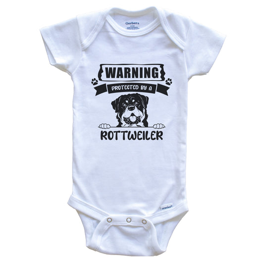Warning Protected By A Rottweiler Funny Cute Dog Breed Baby Bodysuit