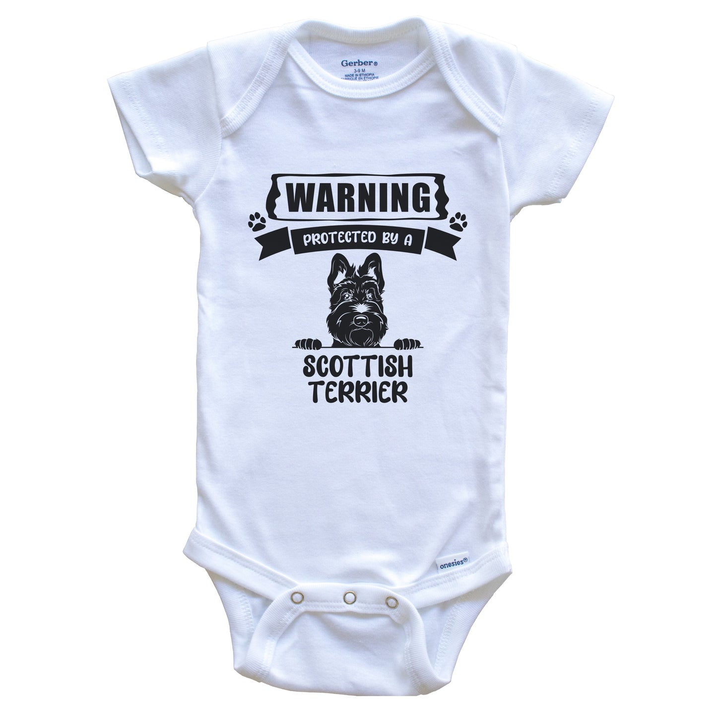 Warning Protected By A Scottish Terrier Funny Cute Dog Breed Baby Bodysuit