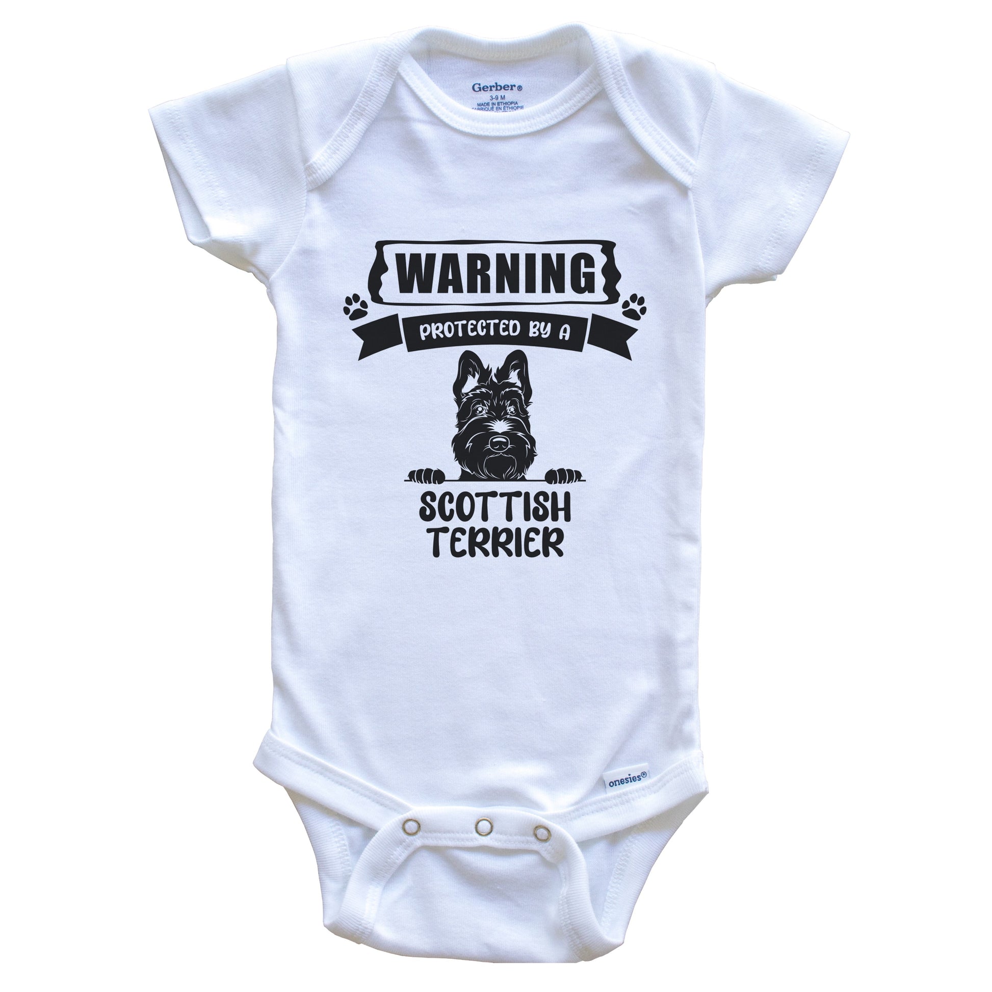 Warning Protected By A Scottish Terrier Funny Cute Dog Breed Baby Bodysuit