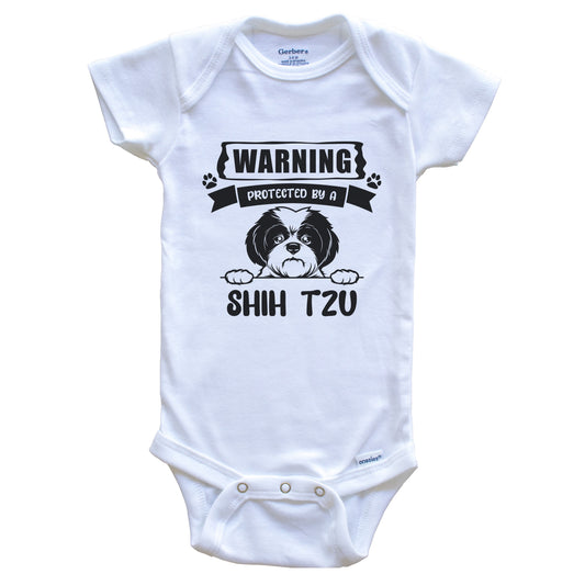Warning Protected By A Shih Tzu Funny Cute Dog Breed Baby Bodysuit