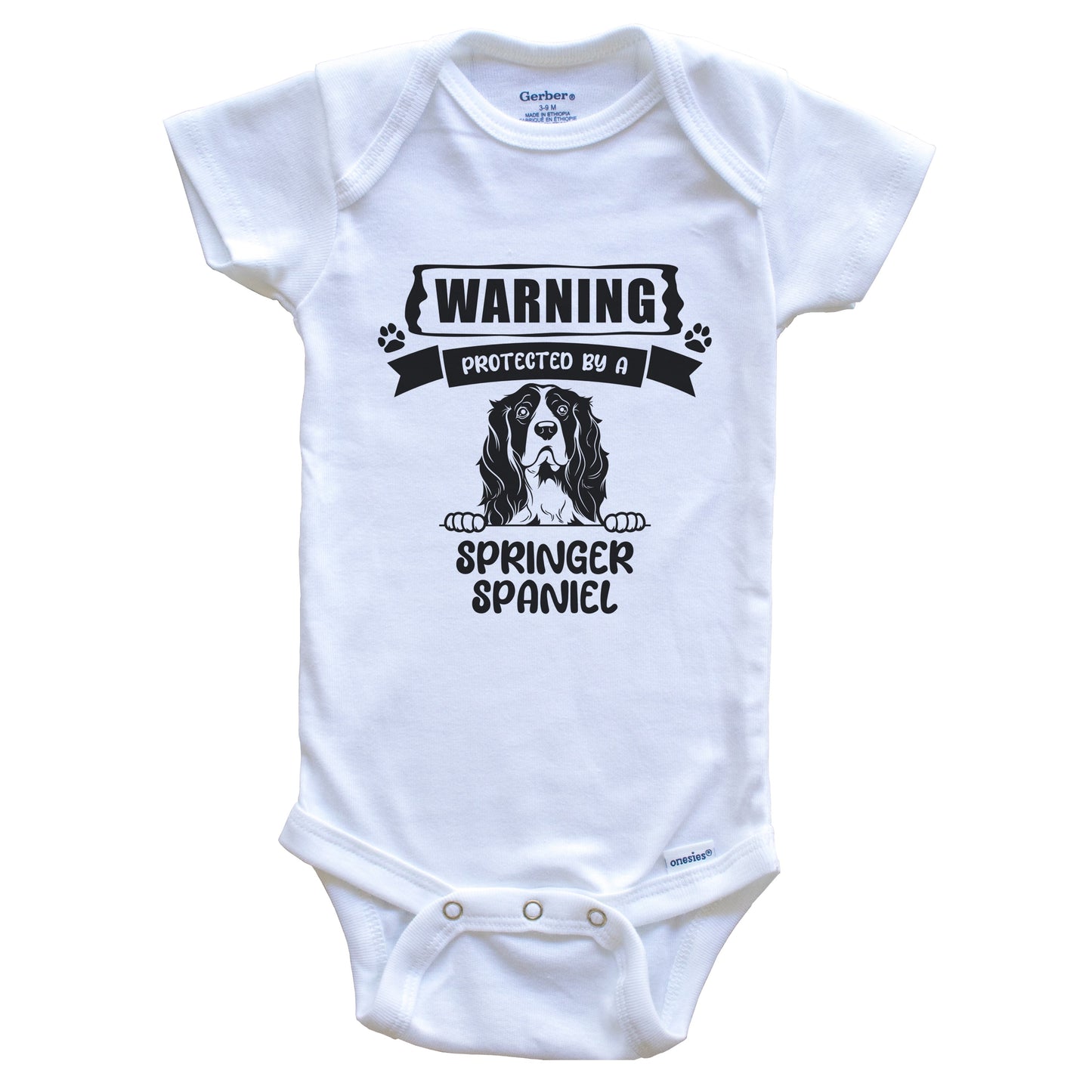 Warning Protected By A Springer Spaniel Funny Cute Dog Breed Baby Bodysuit