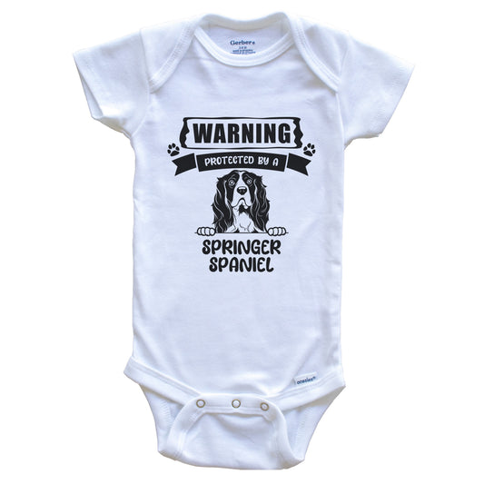Warning Protected By A Springer Spaniel Funny Cute Dog Breed Baby Bodysuit