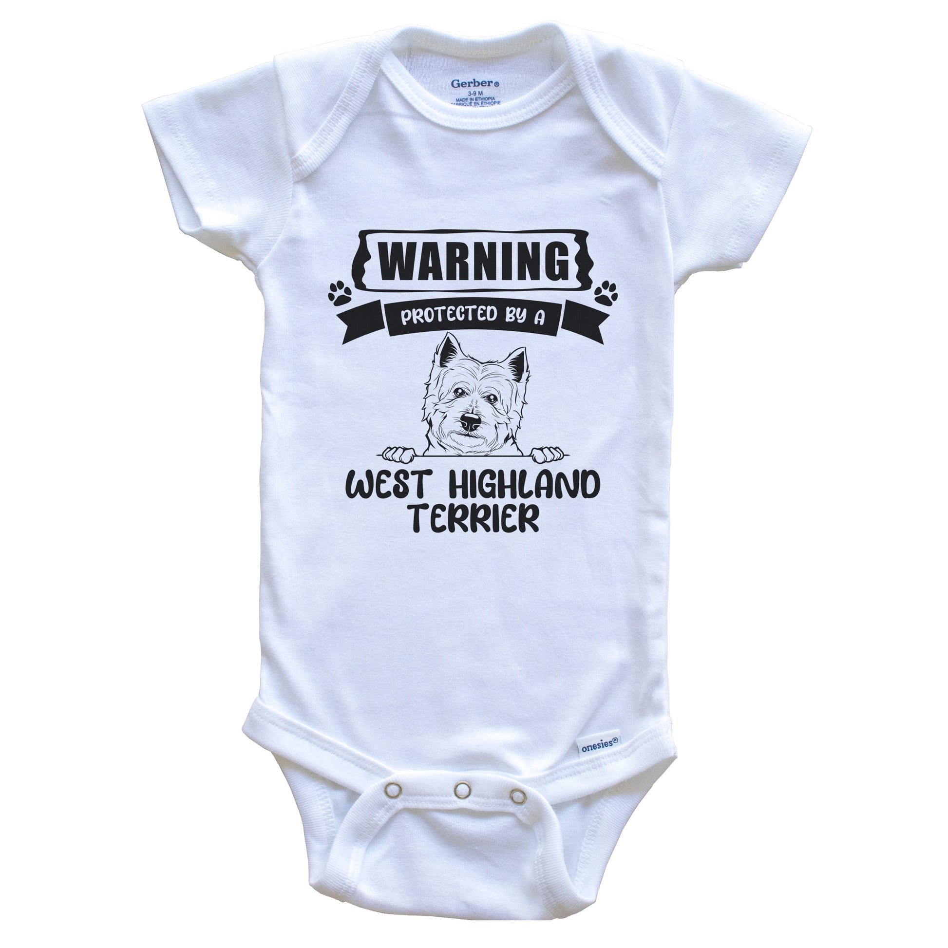 Warning Protected By A West Highland Terrier Funny Cute Dog Breed Baby Bodysuit