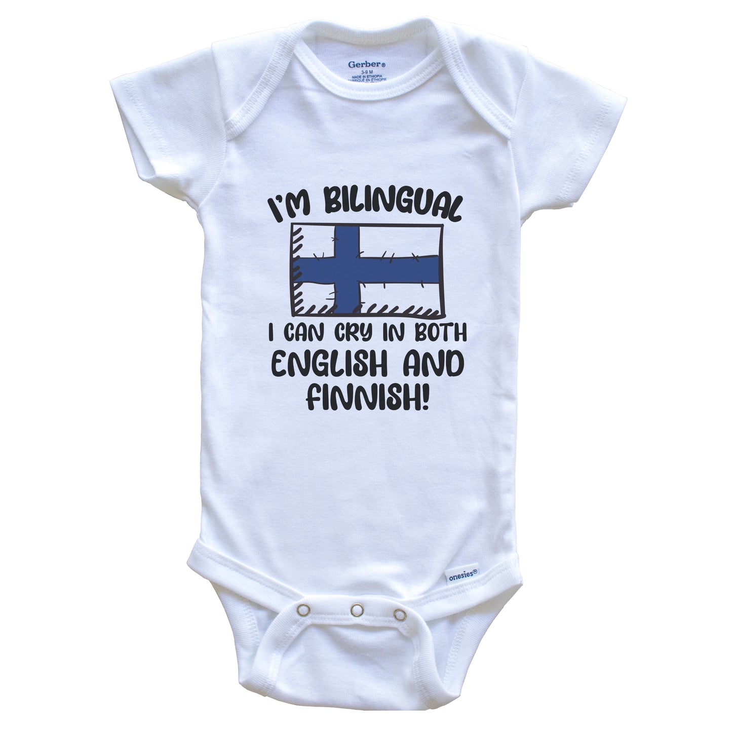 I'm Bilingual I Can Cry In Both English And Finnish Funny Finnish Flag Baby Bodysuit