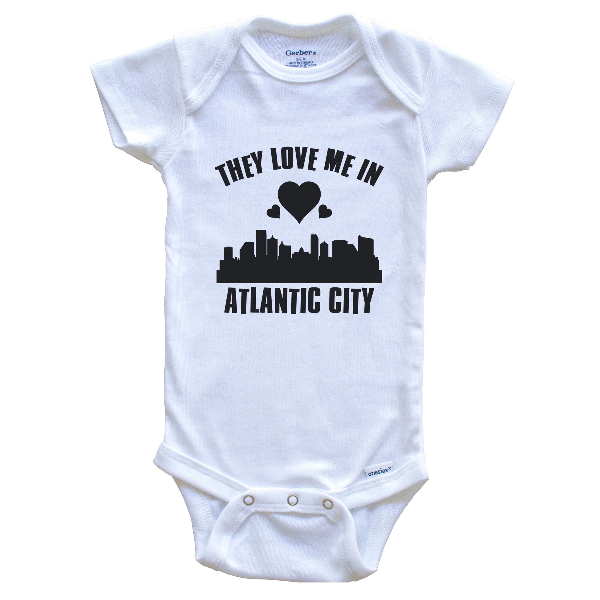 They Love Me In Atlantic City New Jersey Hearts Skyline One Piece Baby Bodysuit
